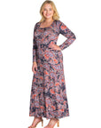Long Sleeve Black Paisley A Line Plus Size Maxi Dress