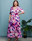 24seven Comfort Apparel Plus Size Purple Floral Print Elbow Sleeve Casual A Line Maxi Dress