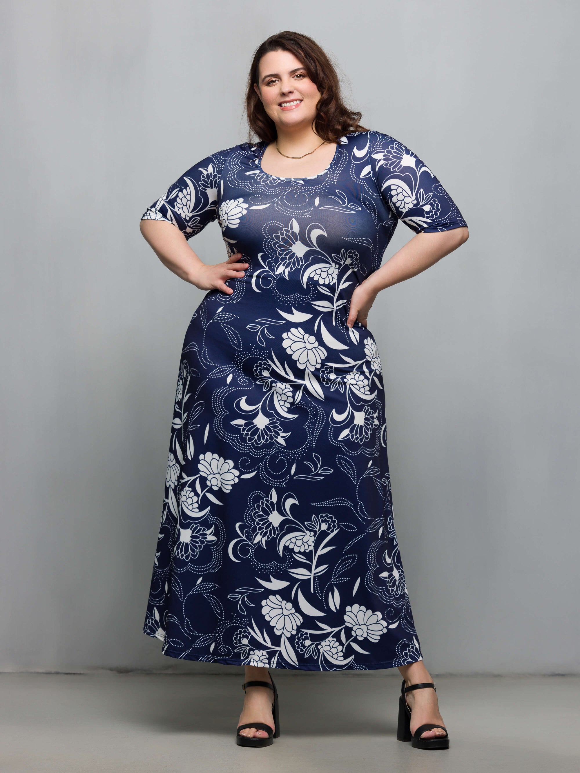 24seven Comfort Apparel Plus Size Blue Floral Print Elbow Sleeve Casual A Line Maxi Dress