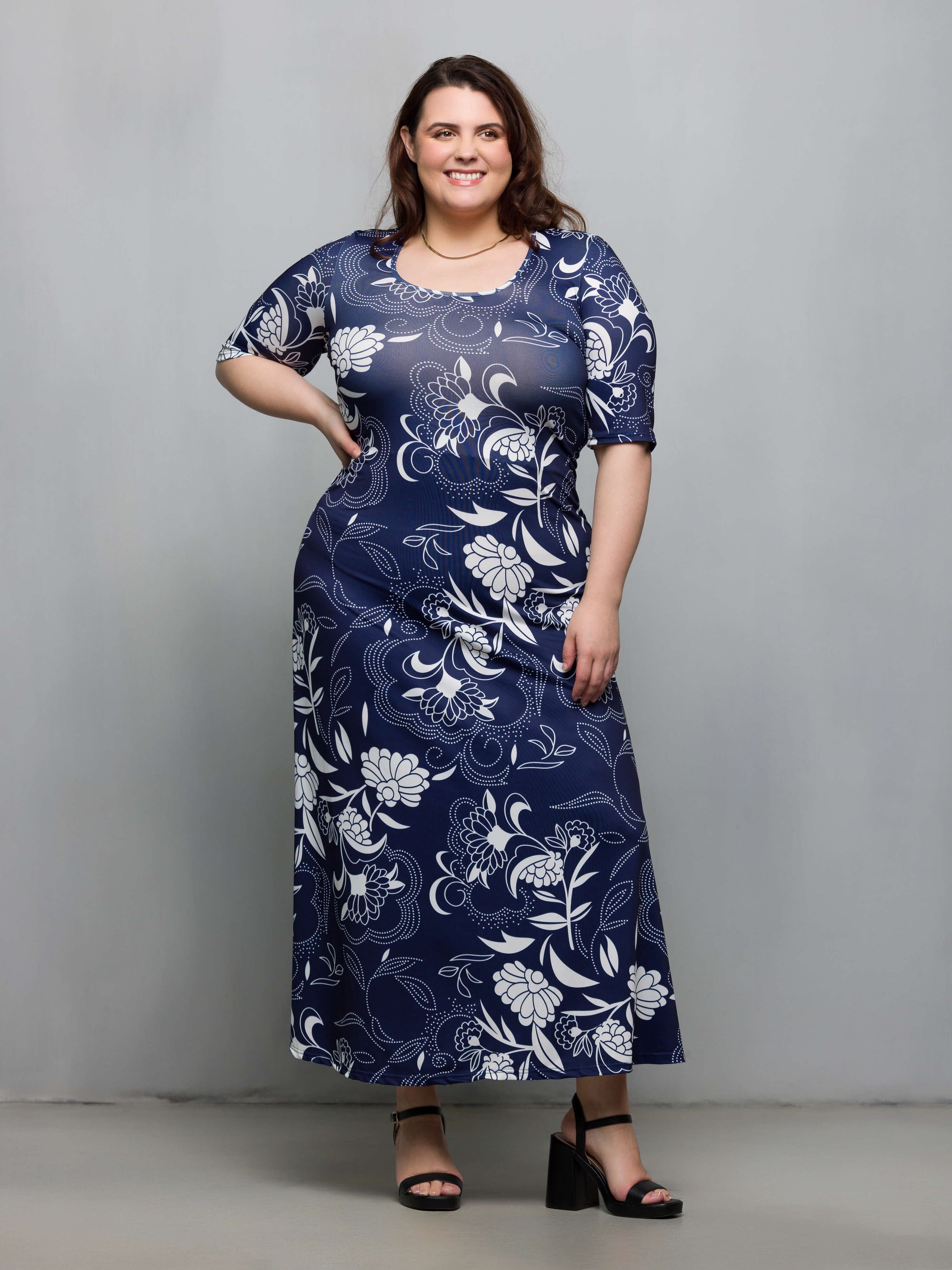 24seven Comfort Apparel Plus Size Blue Floral Print Elbow Sleeve Casual A Line Maxi Dress