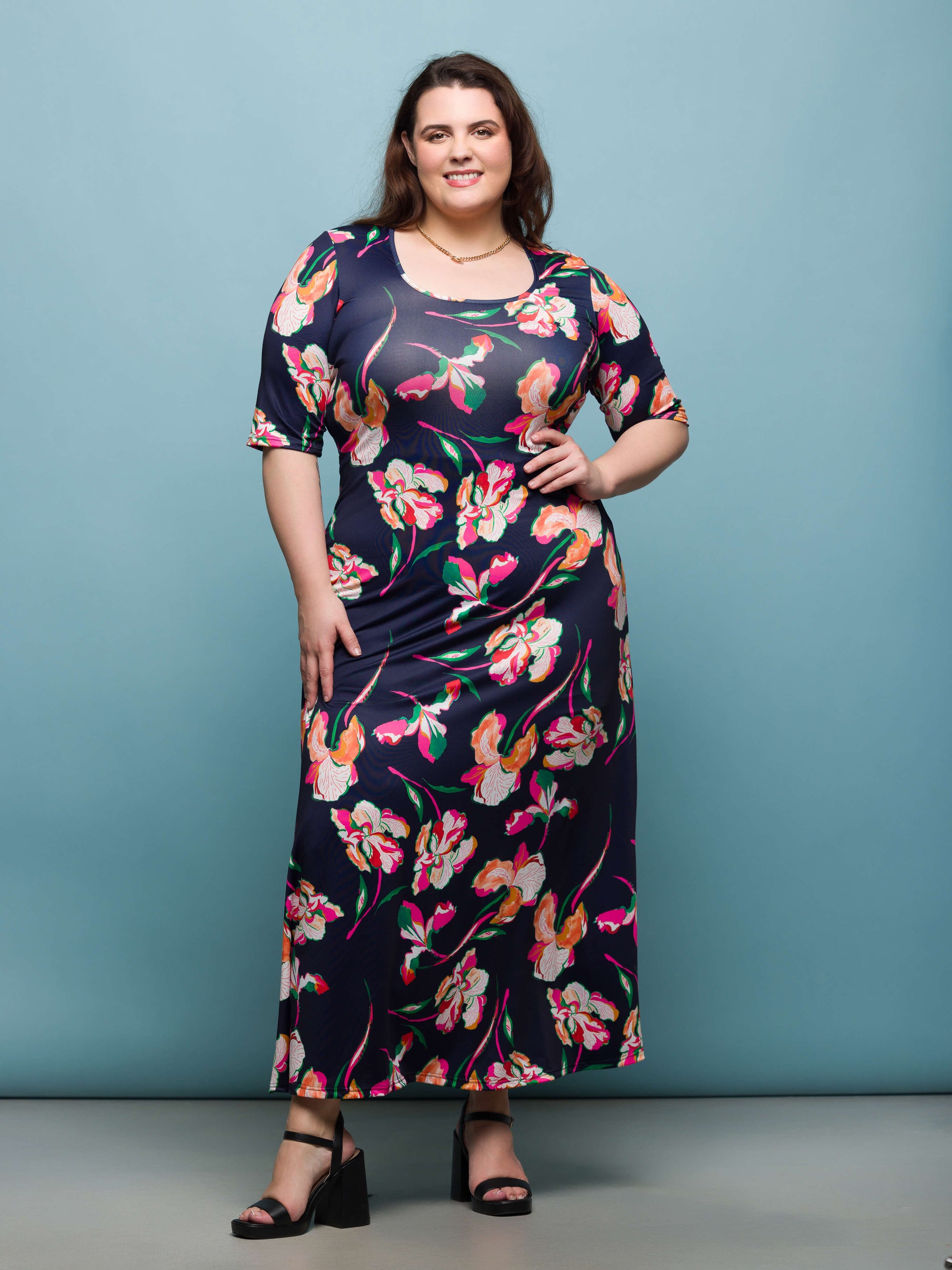 24seven Comfort Apparel Plus Size Navy Floral Print Elbow Sleeve Casual A Line Maxi Dress