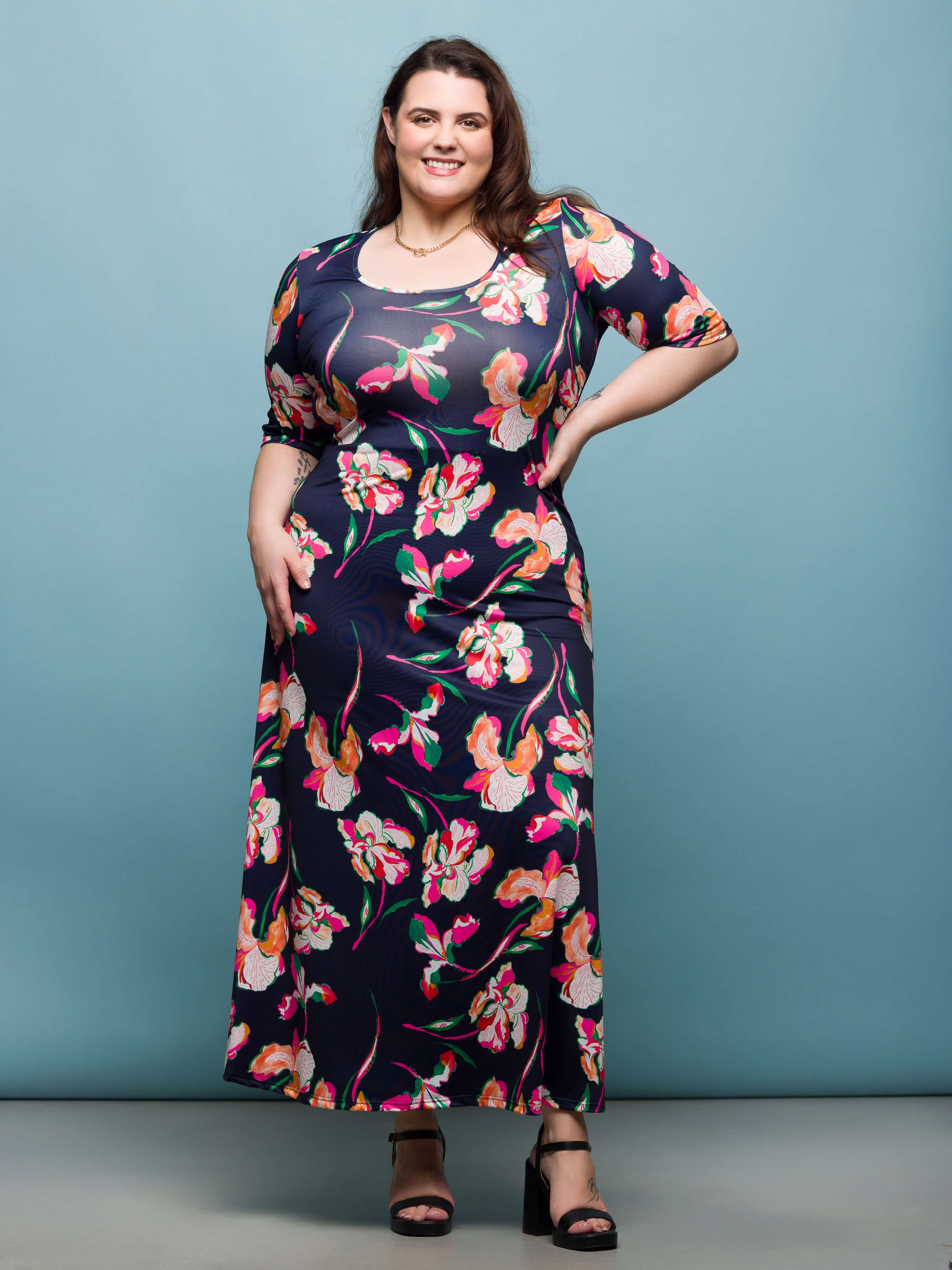 24seven Comfort Apparel Plus Size Navy Floral Print Elbow Sleeve Casual A Line Maxi Dress