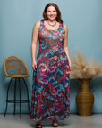 24seven Comfort Apparel Plus Size Pink and Brown Print Scoop Neck A Line Sleeveless Maxi Dress