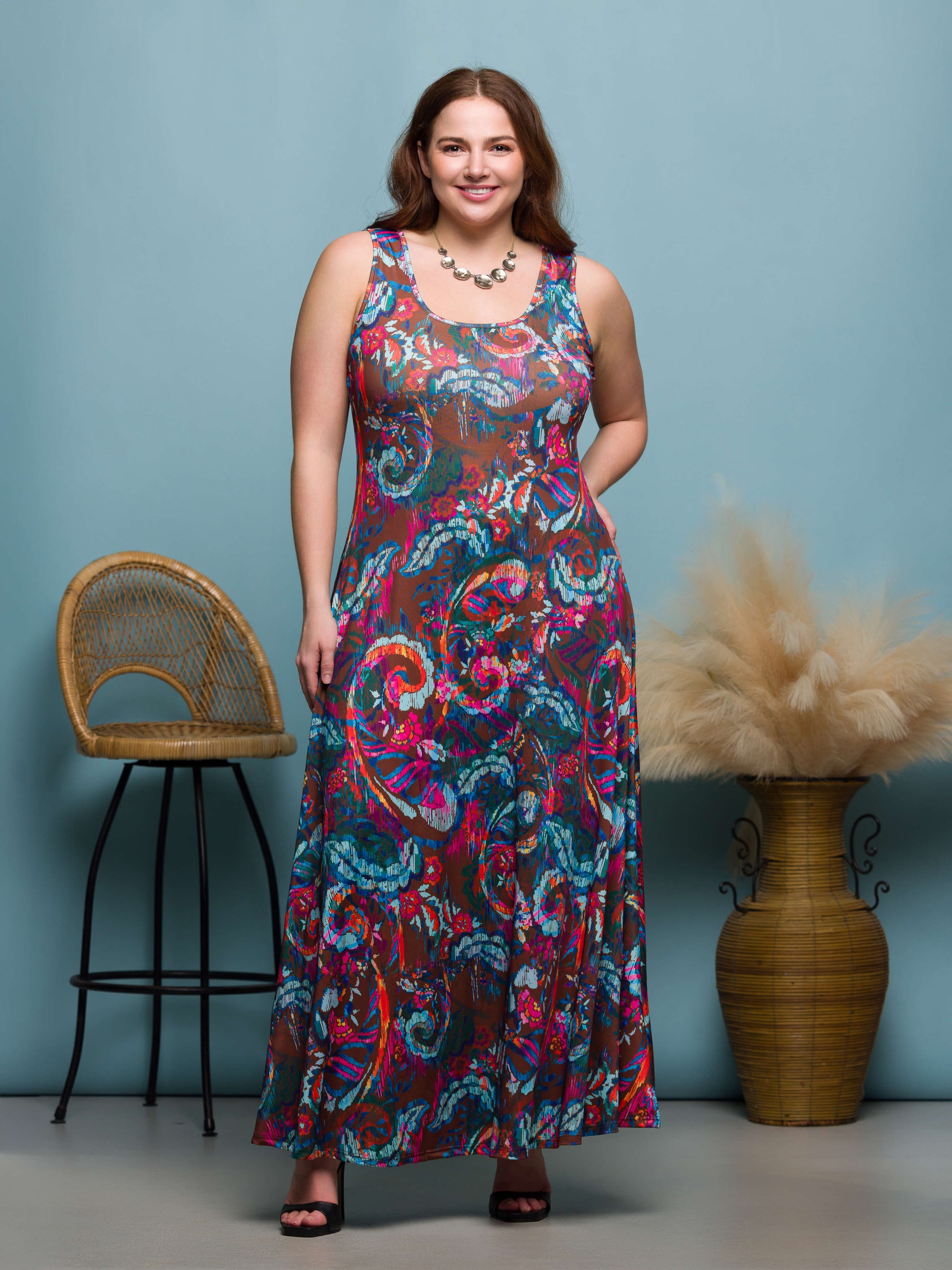 24seven Comfort Apparel Plus Size Pink and Brown Print Scoop Neck A Line Sleeveless Maxi Dress