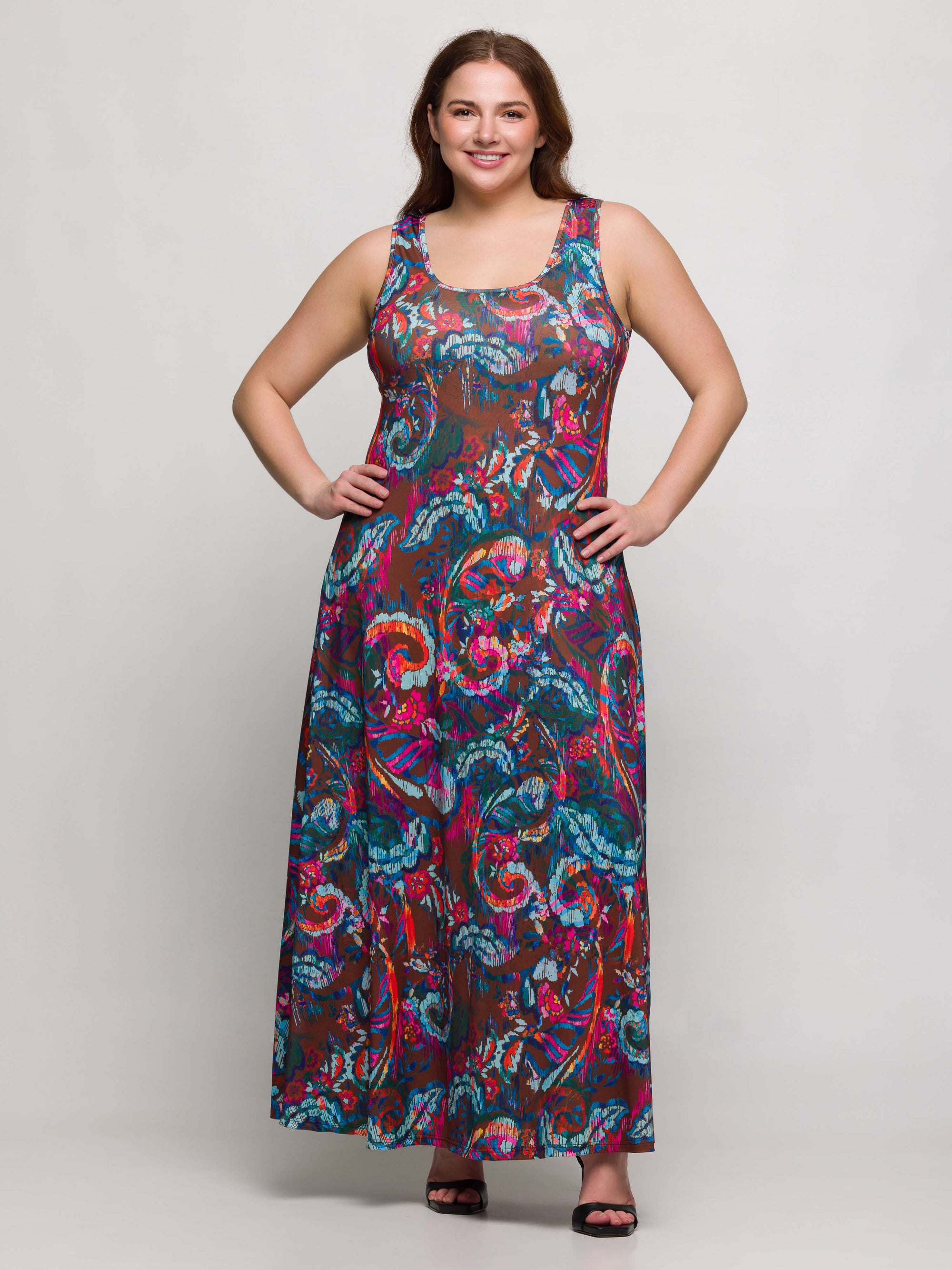 24seven Comfort Apparel Plus Size Pink and Brown Print Scoop Neck A Line Sleeveless Maxi Dress