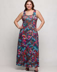 24seven Comfort Apparel Plus Size Pink and Brown Print Scoop Neck A Line Sleeveless Maxi Dress