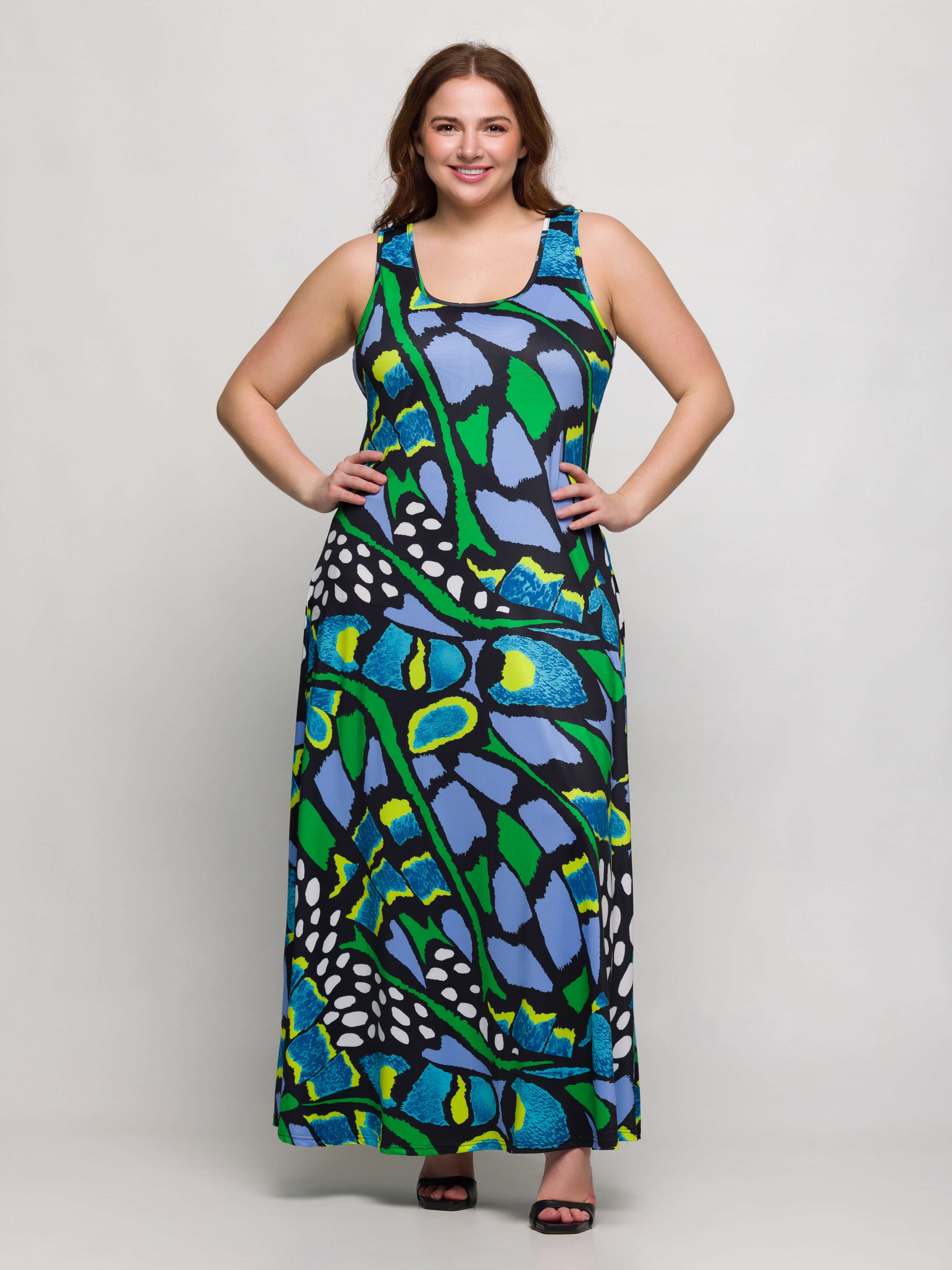 24seven Comfort Apparel Plus Size Blue Butterfly Print Scoop Neck A Line Sleeveless Maxi Dress