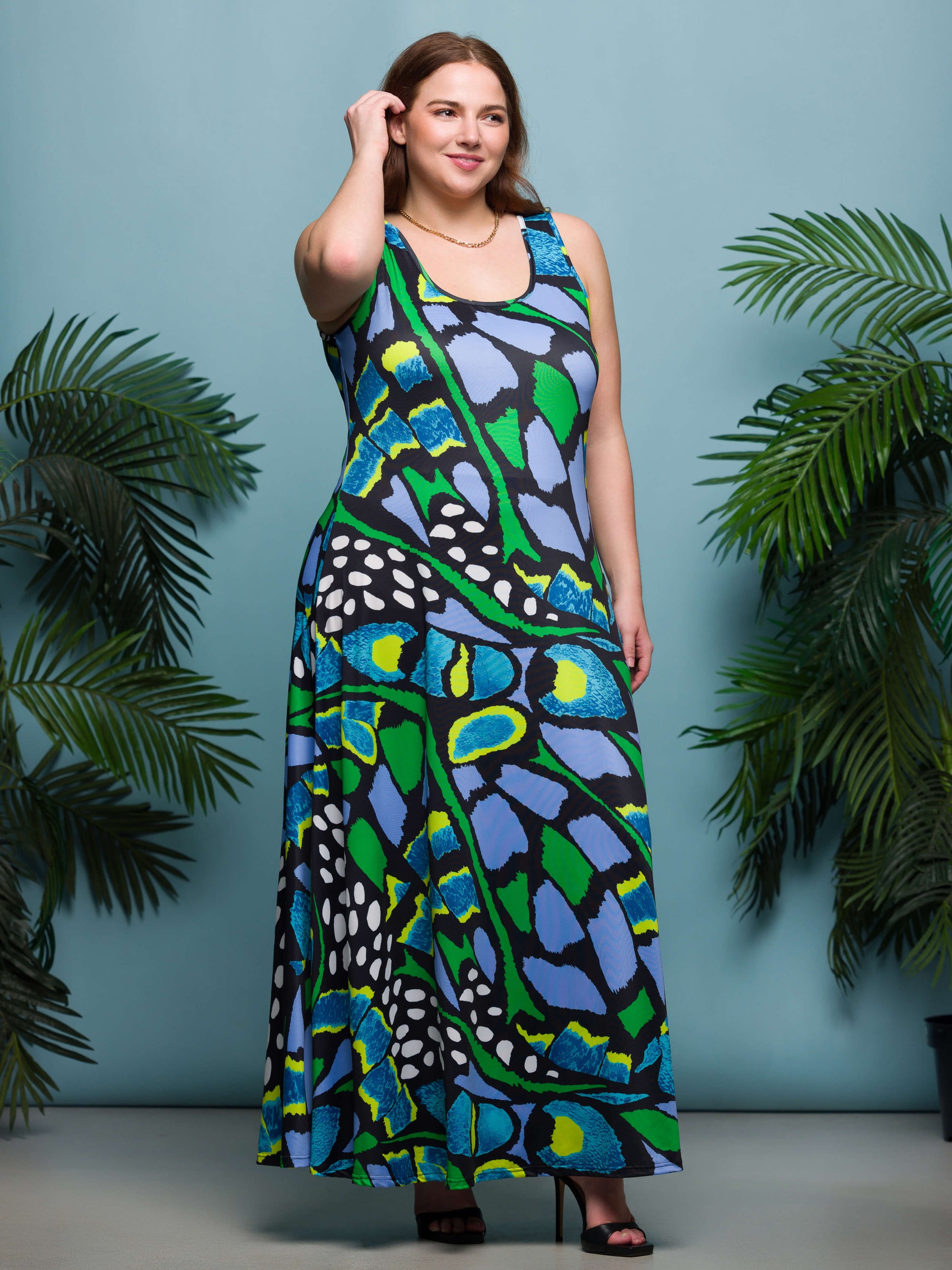 24seven Comfort Apparel Plus Size Blue Butterfly Print Scoop Neck A Line Sleeveless Maxi Dress