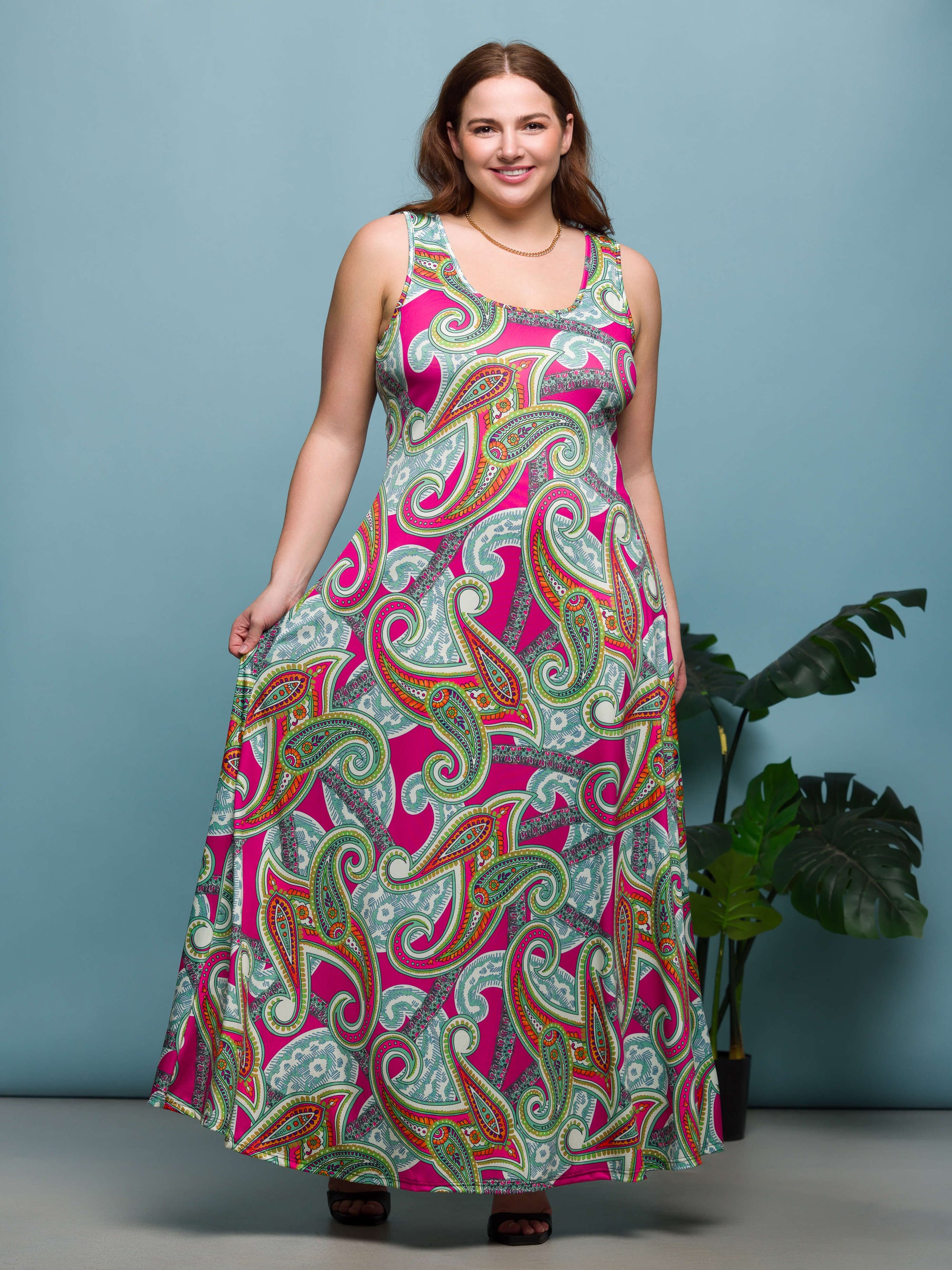 24seven Comfort Apparel Plus Size Hot Pink Paisley Print Scoop Neck A Line Sleeveless Maxi Dress