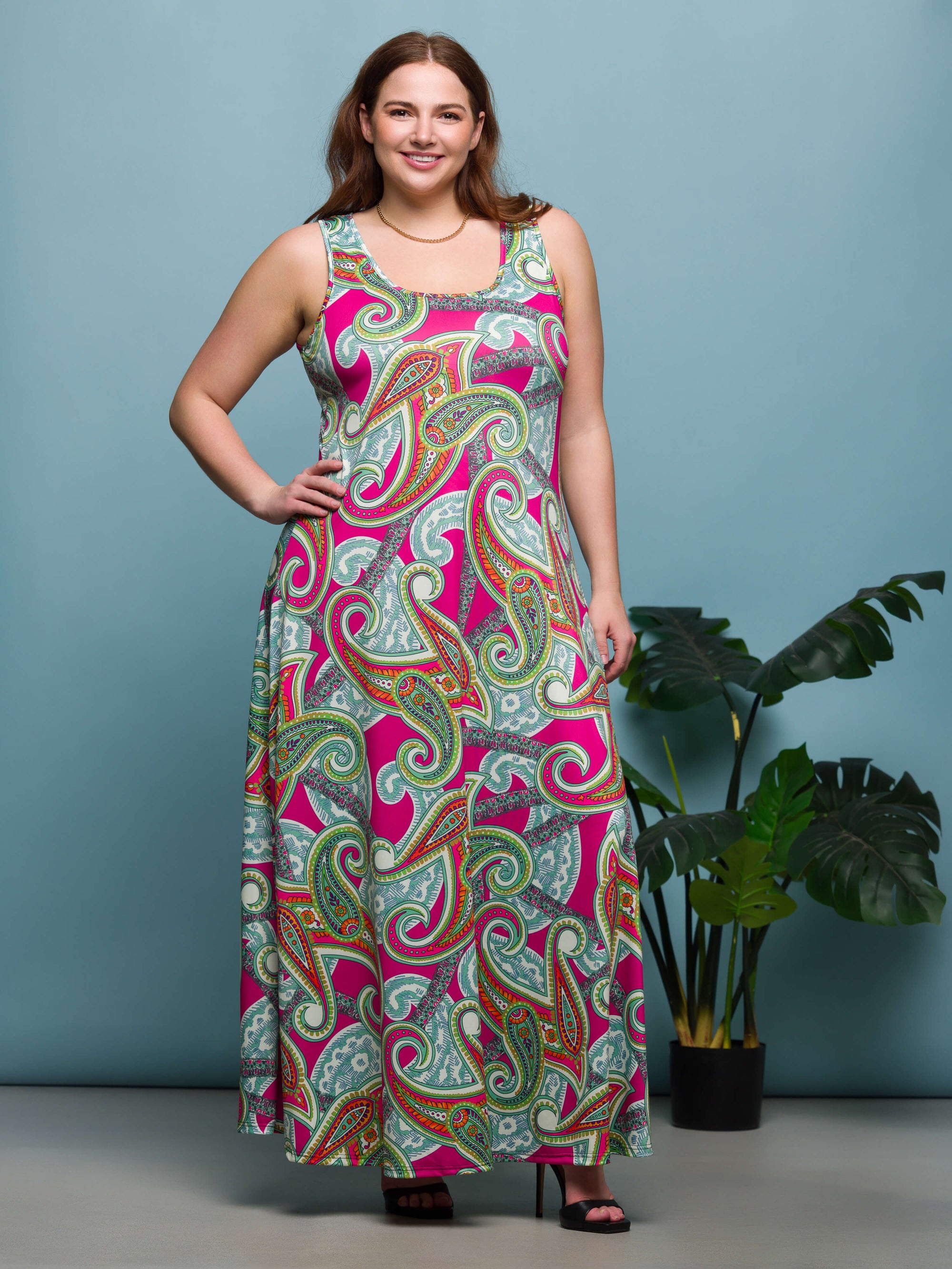 24seven Comfort Apparel Plus Size Hot Pink Paisley Print Scoop Neck A Line Sleeveless Maxi Dress