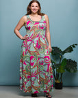 24seven Comfort Apparel Plus Size Hot Pink Paisley Print Scoop Neck A Line Sleeveless Maxi Dress