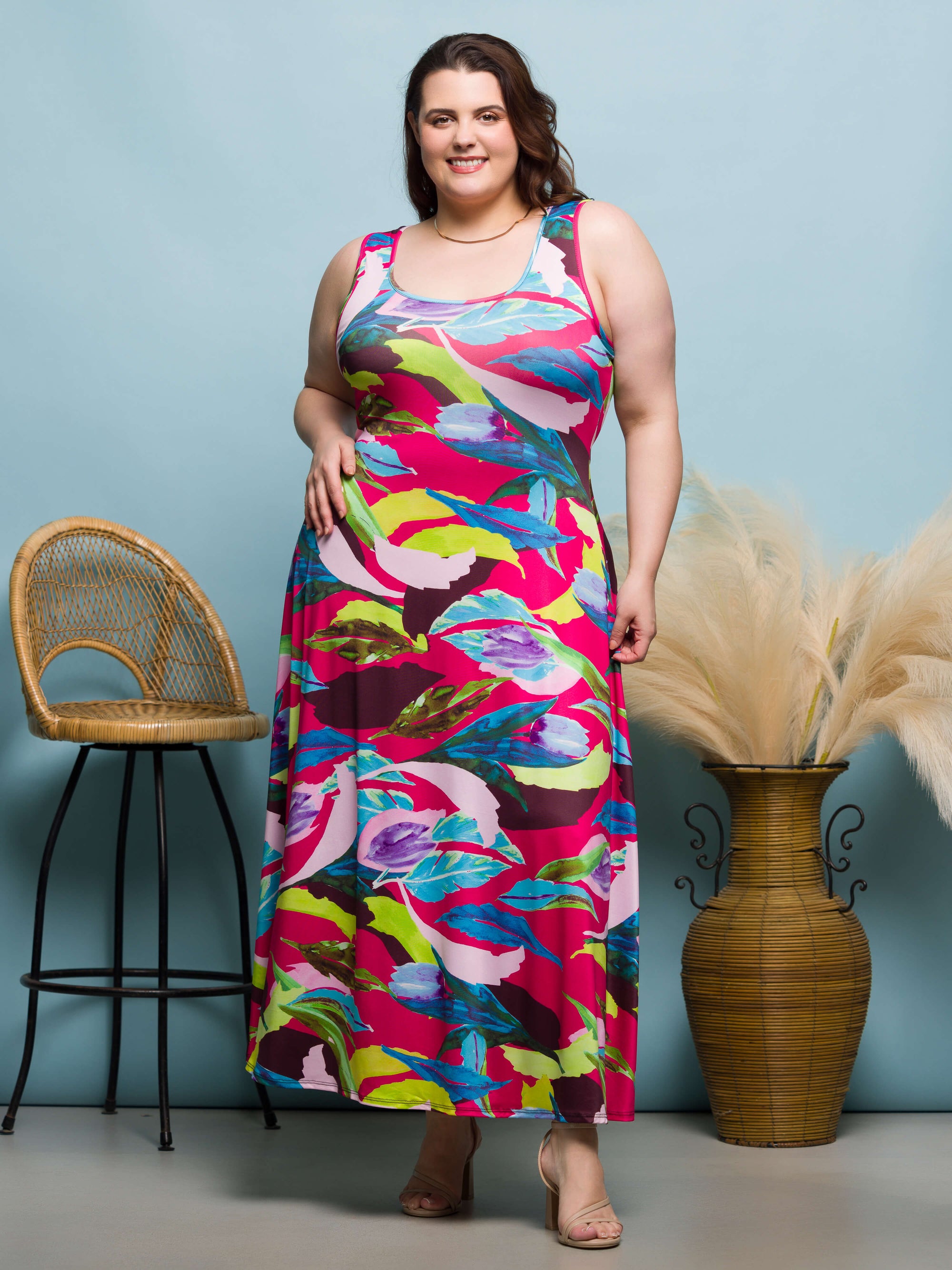 24seven Comfort Apparel Plus Size Pink Floral Scoop Neck A Line Sleeveless Maxi Dress