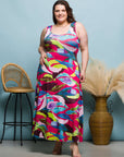 24seven Comfort Apparel Plus Size Pink Floral Scoop Neck A Line Sleeveless Maxi Dress