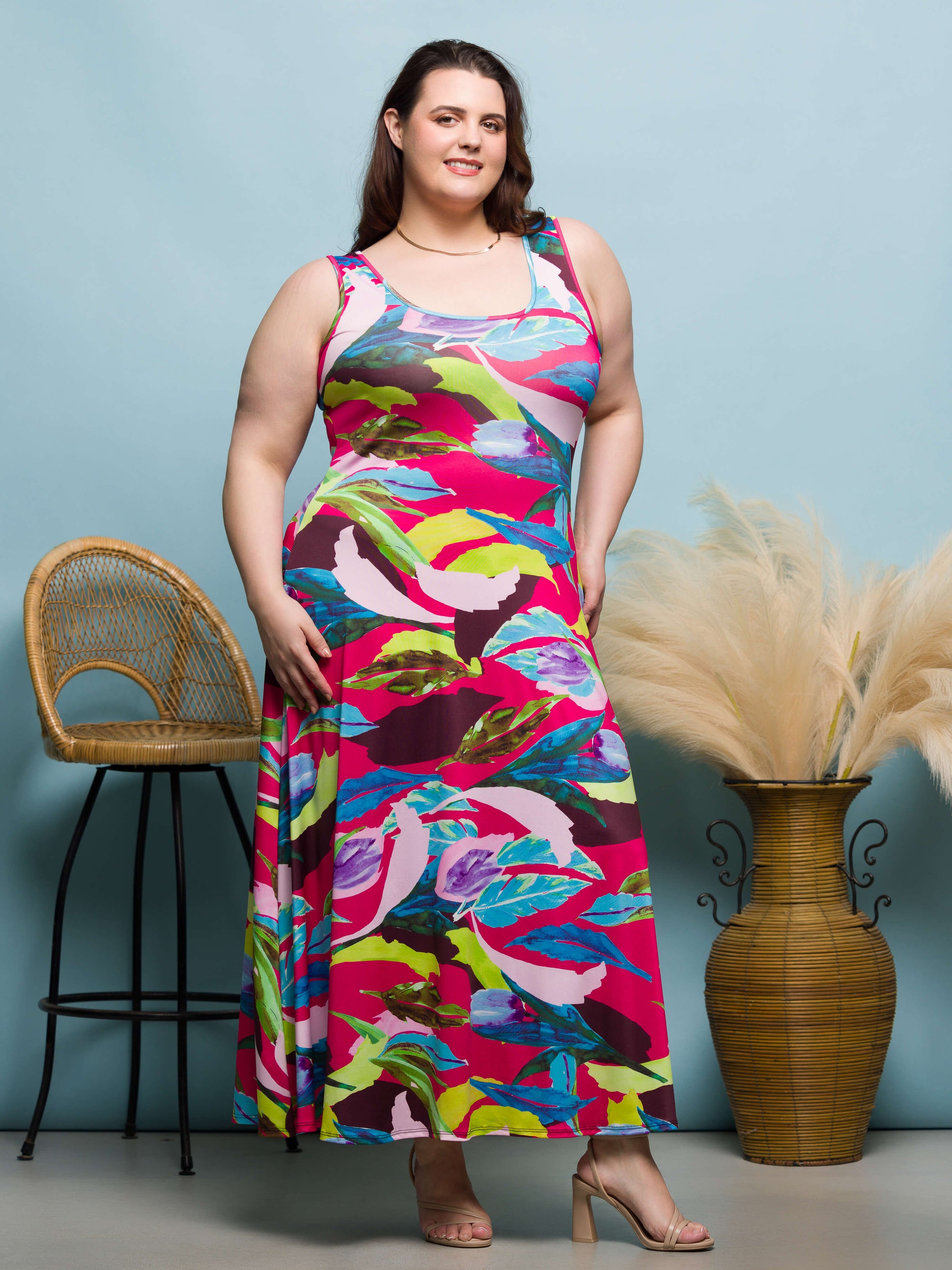 24seven Comfort Apparel Plus Size Pink Floral Scoop Neck A Line Sleeveless Maxi Dress