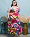 24seven Comfort Apparel Plus Size Pink Floral Scoop Neck A Line Sleeveless Maxi Dress