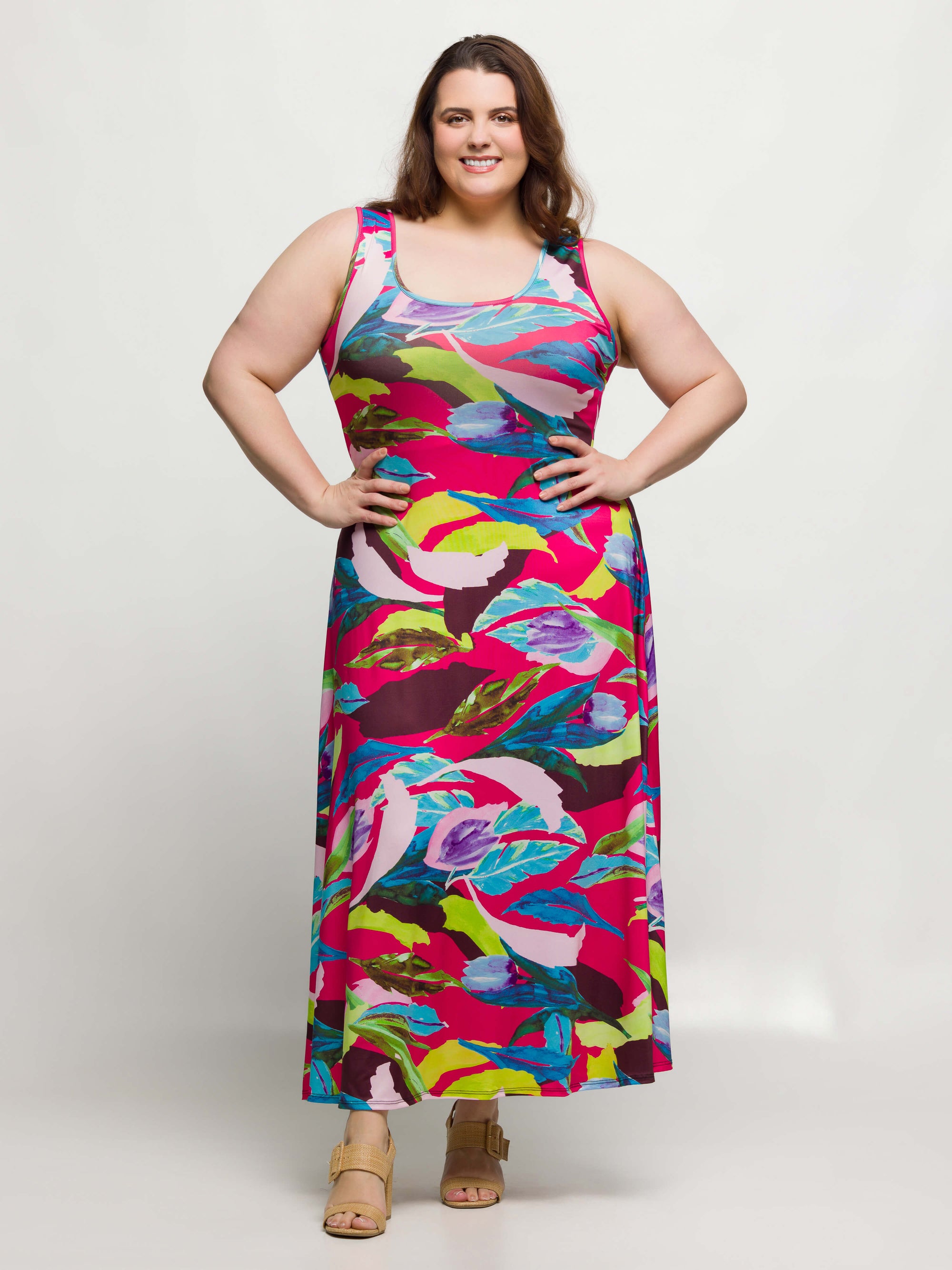24seven Comfort Apparel Plus Size Pink Floral Scoop Neck A Line Sleeveless Maxi Dress