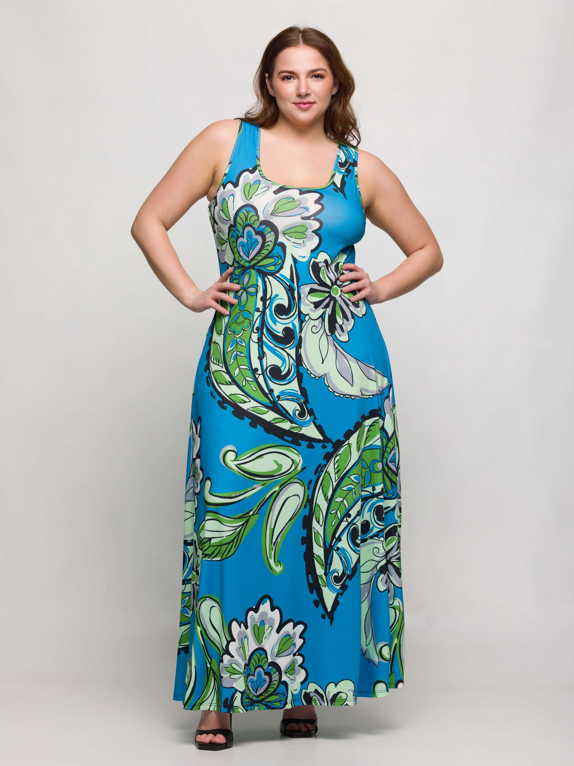 24seven Comfort Apparel Plus Size Blue Paisley Print Scoop Neck A Line Sleeveless Maxi Dress