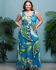 24seven Comfort Apparel Plus Size Blue Paisley Print Scoop Neck A Line Sleeveless Maxi Dress