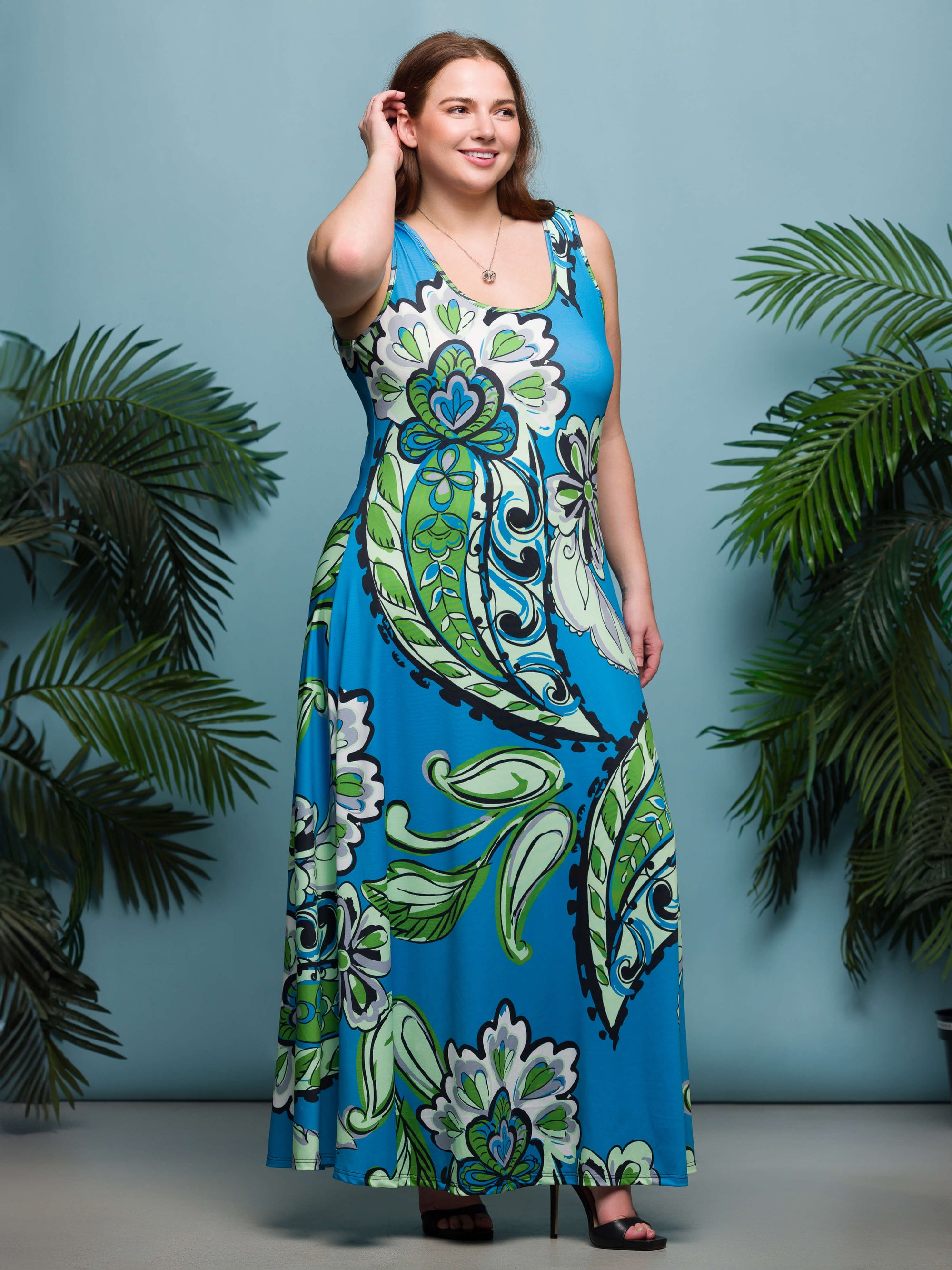 24seven Comfort Apparel Plus Size Blue Paisley Print Scoop Neck A Line Sleeveless Maxi Dress