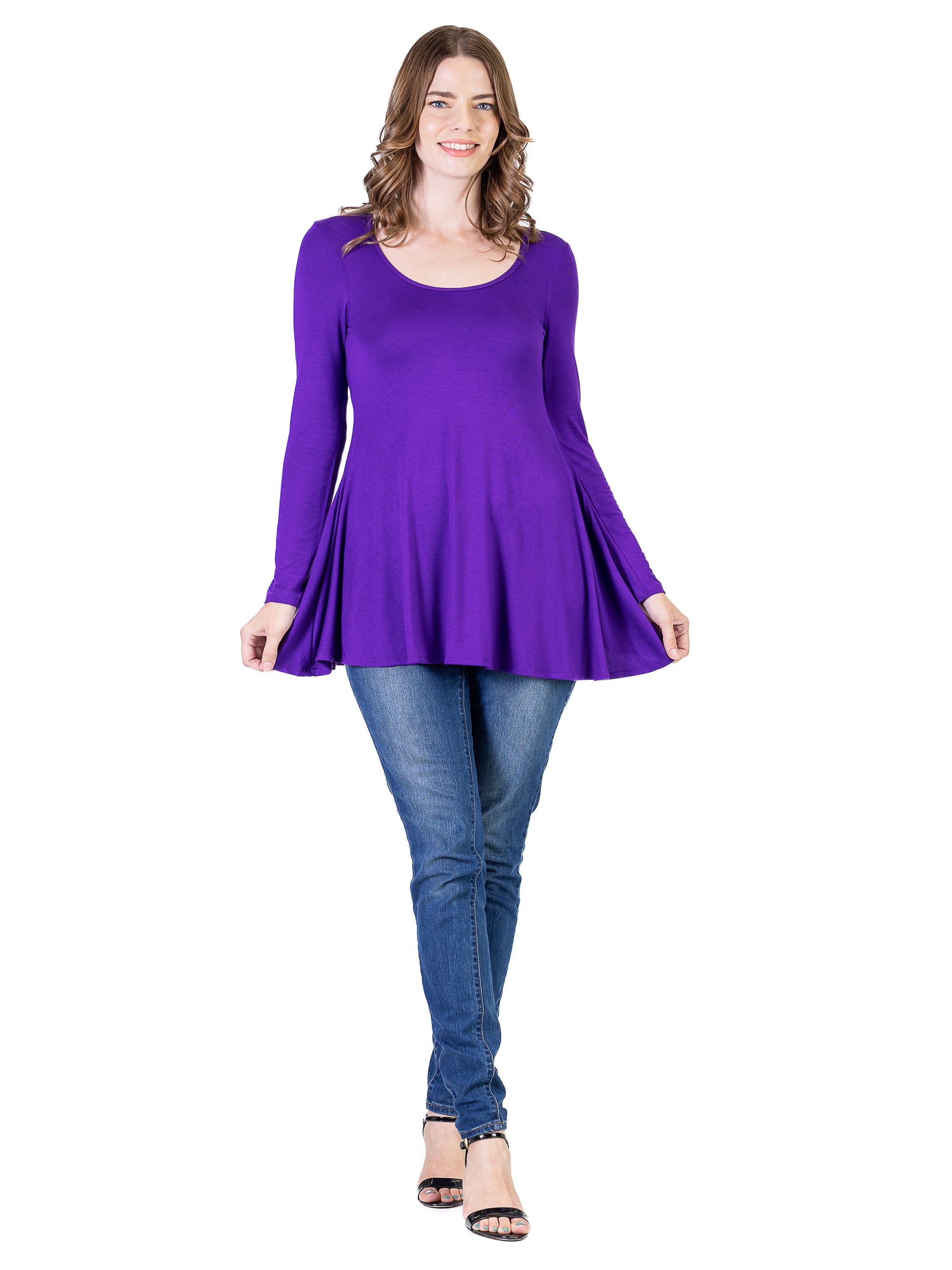 24seven Comfort Apparel Long Sleeve Solid Color Swing Style Flared Tunic Top