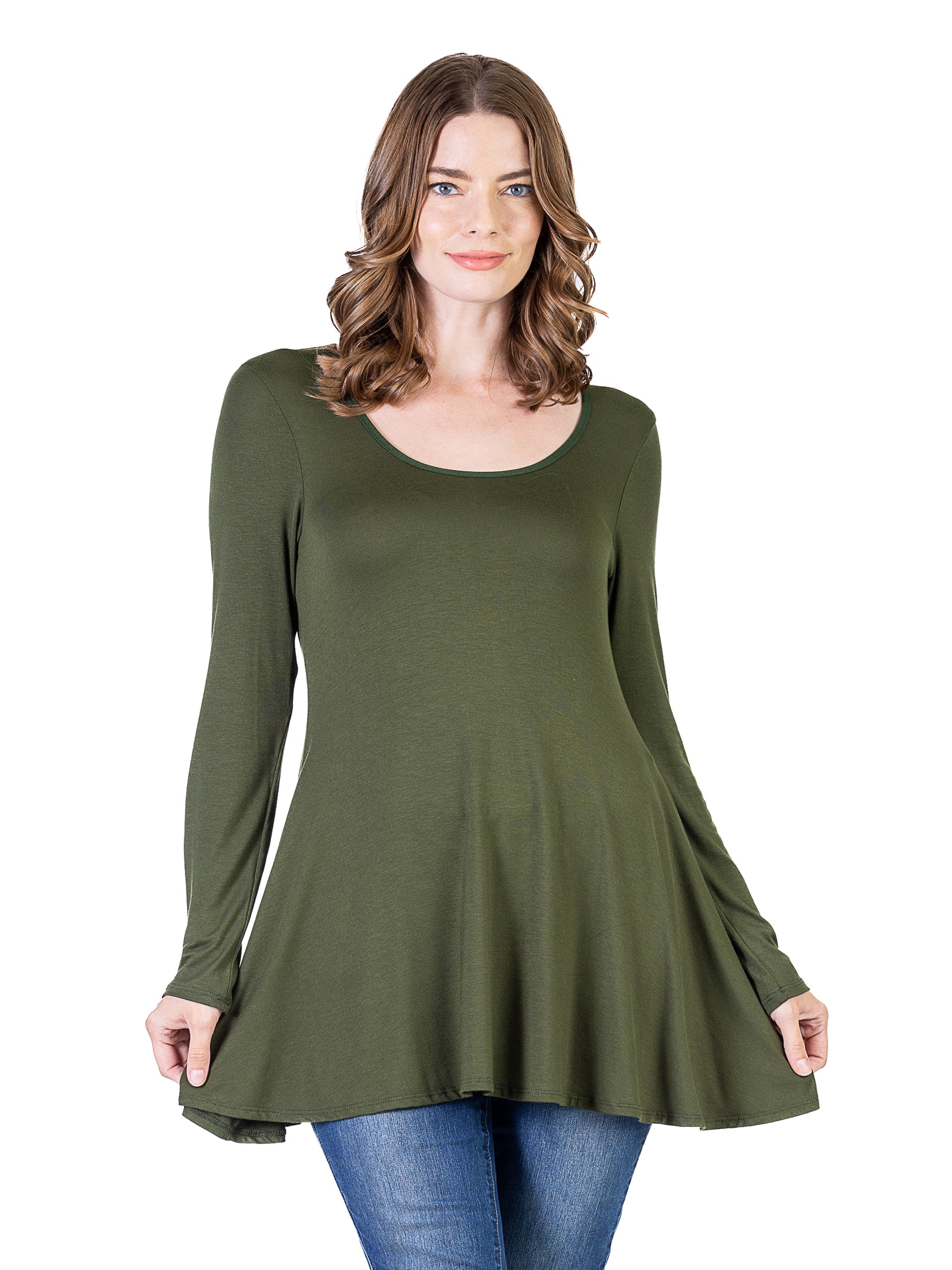 24seven Comfort Apparel Long Sleeve Solid Color Swing Style Flared Tunic Top