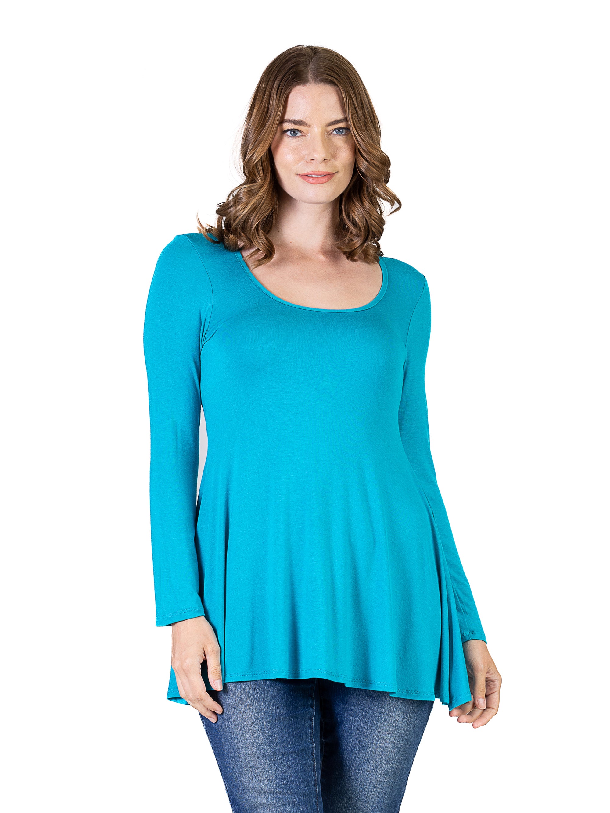 24seven Comfort Apparel Long Sleeve Solid Color Swing Style Flared Tunic Top