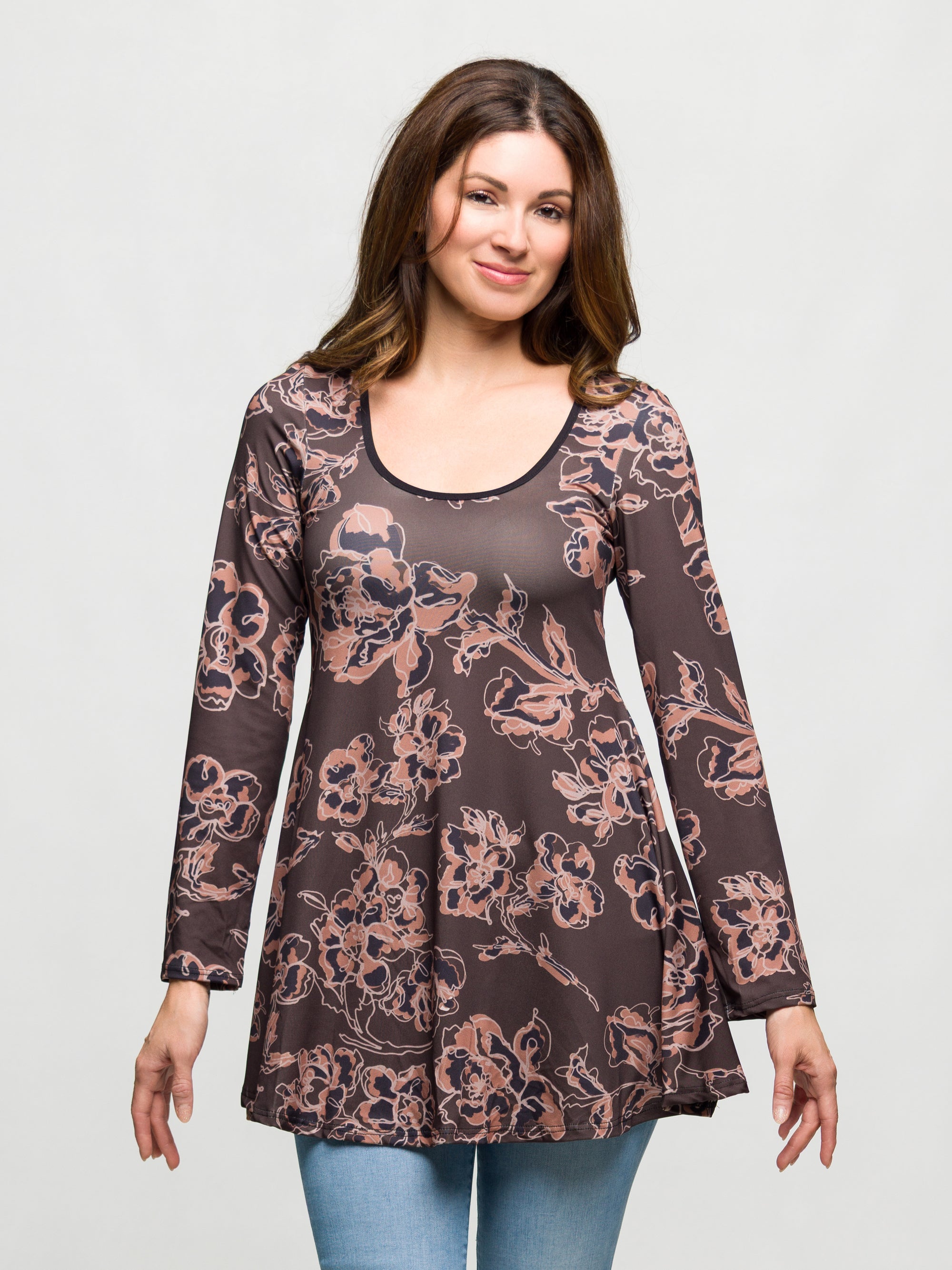 24seven Comfort Apparel Brown Floral Print Long Sleeve Tunic Top