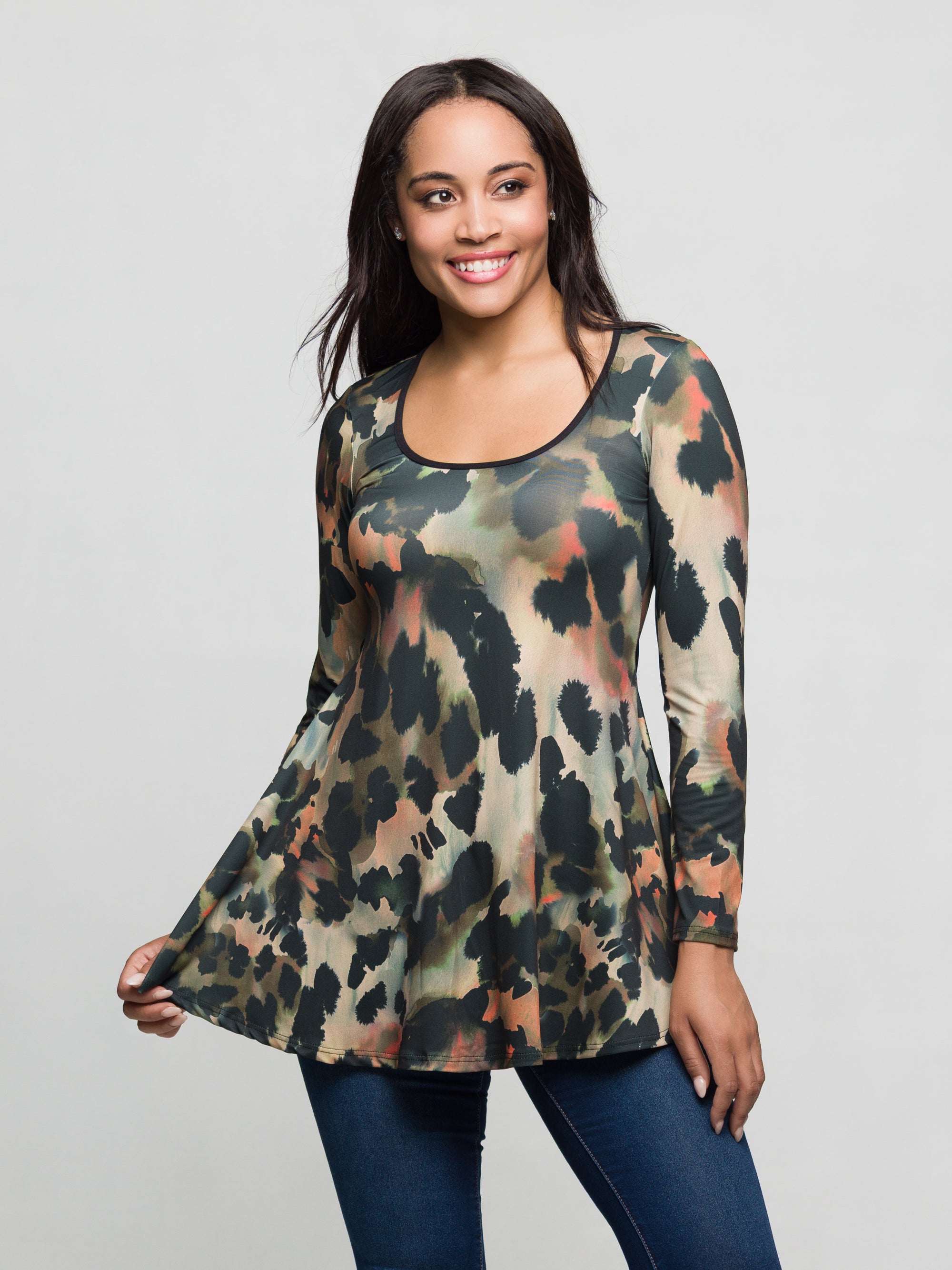 24seven Comfort Apparel Multiprint Long Sleeve Scoop Neck A Line Top