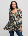24seven Comfort Apparel Multiprint Long Sleeve Scoop Neck A Line Top