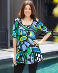 24seven Comfort Apparel Womens Blue Butterfly Print Elbow Sleeve Casual Tunic Top