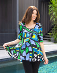 24seven Comfort Apparel Womens Blue Butterfly Print Elbow Sleeve Casual Tunic Top