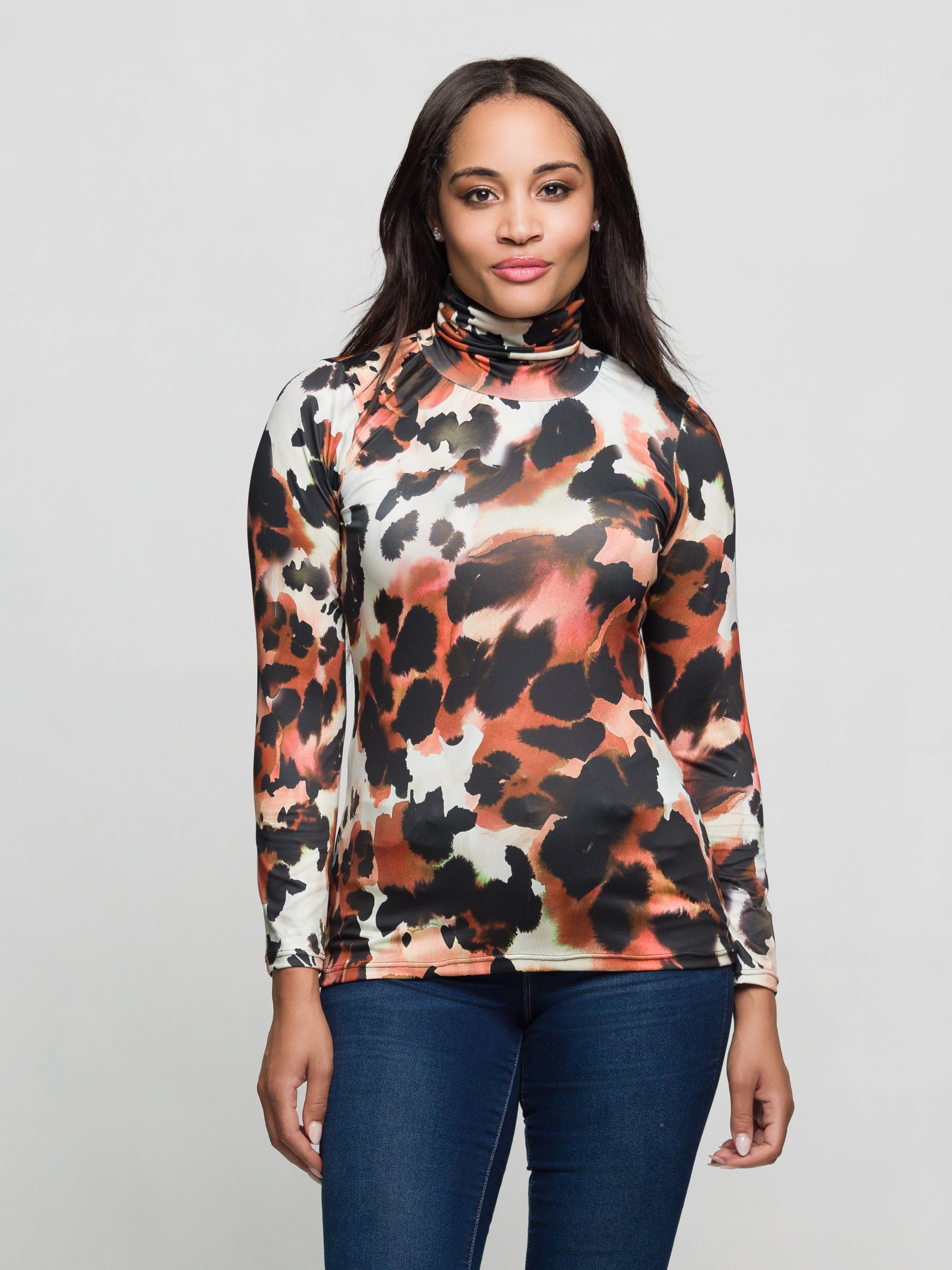 24seven Comfort Apparel Animal Print Long Sleeve Turtleneck Top