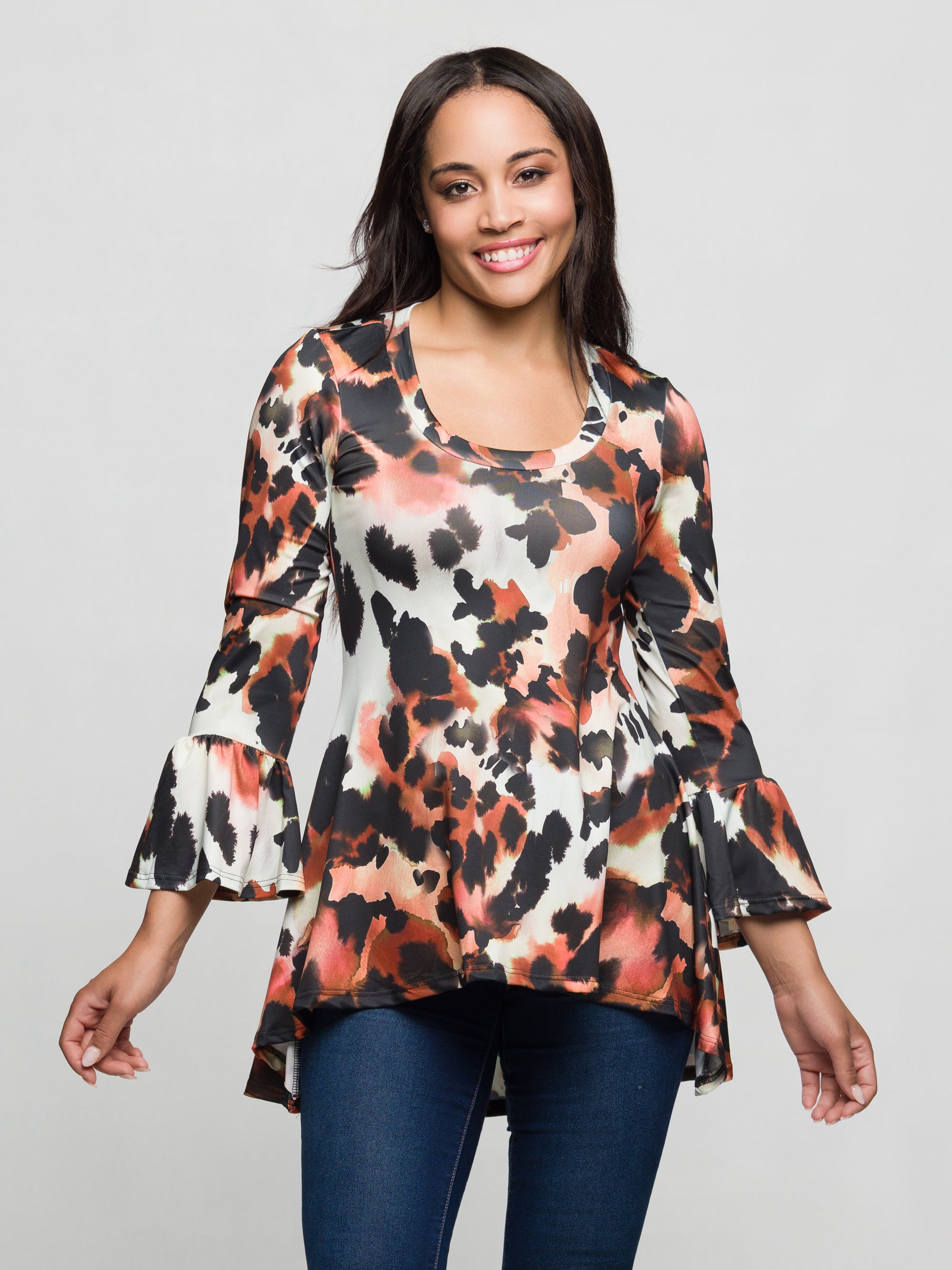 24seven Comfort Apparel Scoop Neck Bell Sleeve Tunic Top Animal Print