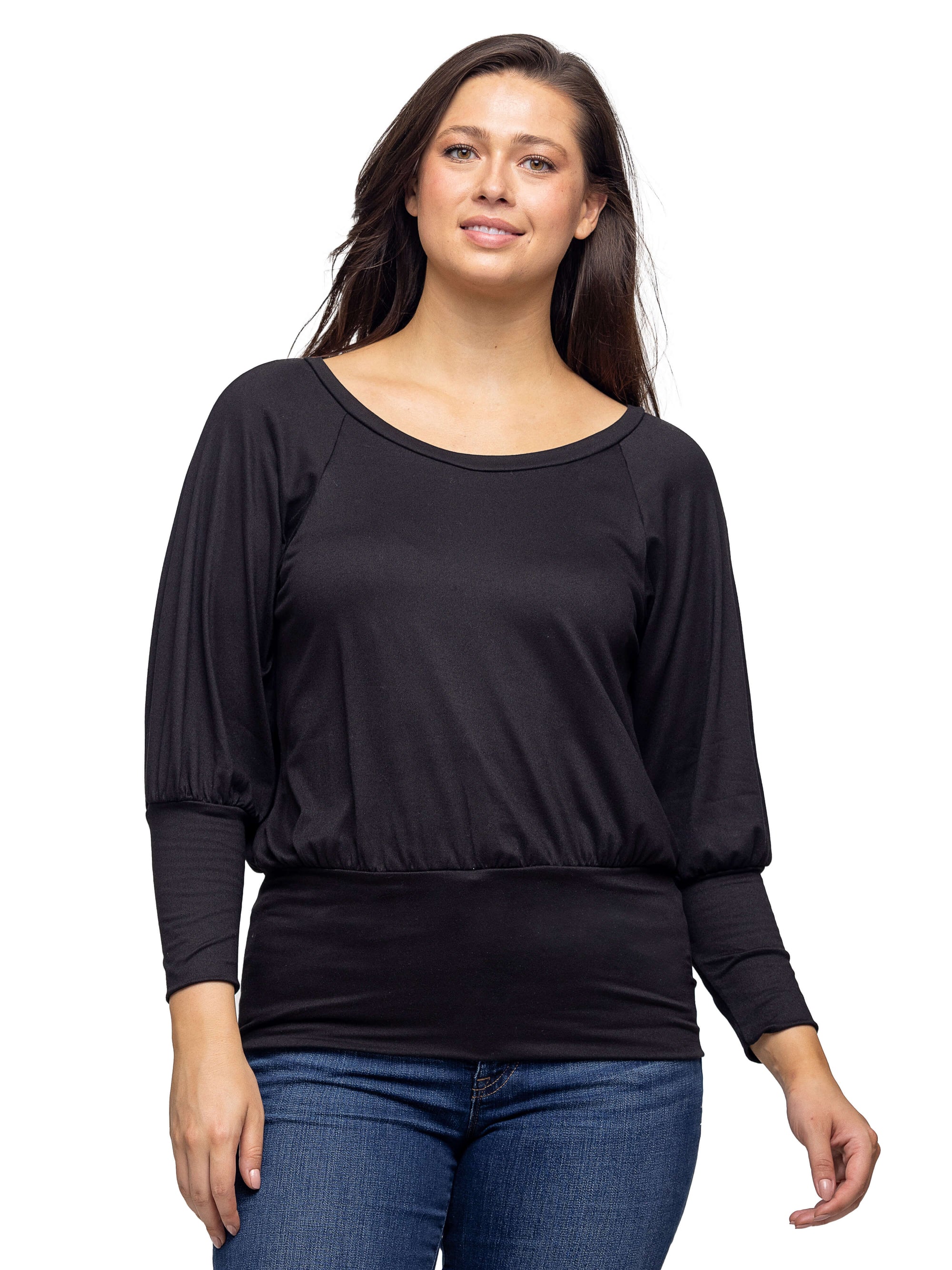 Round Neck Long Blouson Sleeve Banded Bottom Top