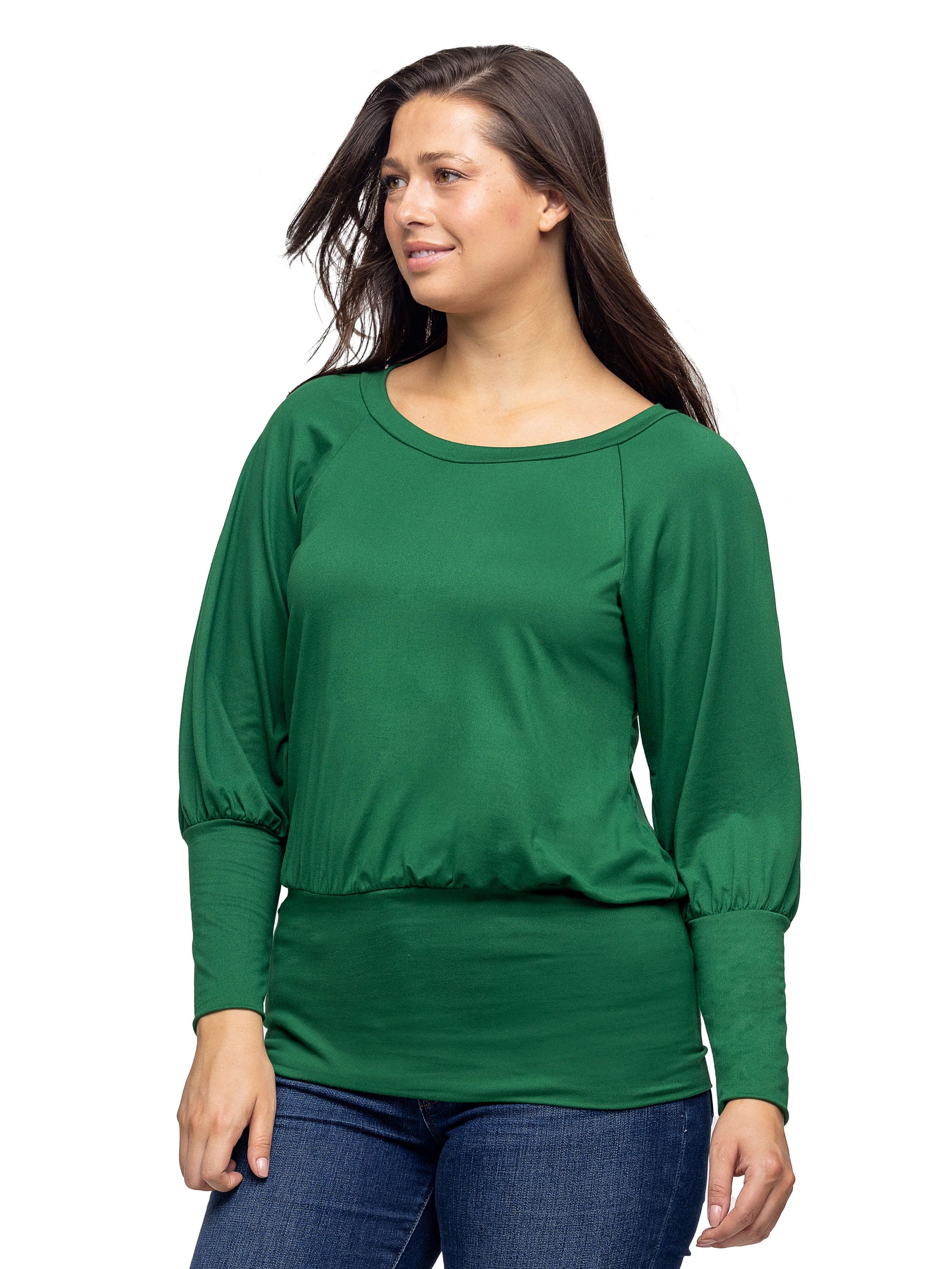 Round Neck Long Blouson Sleeve Banded Bottom Top