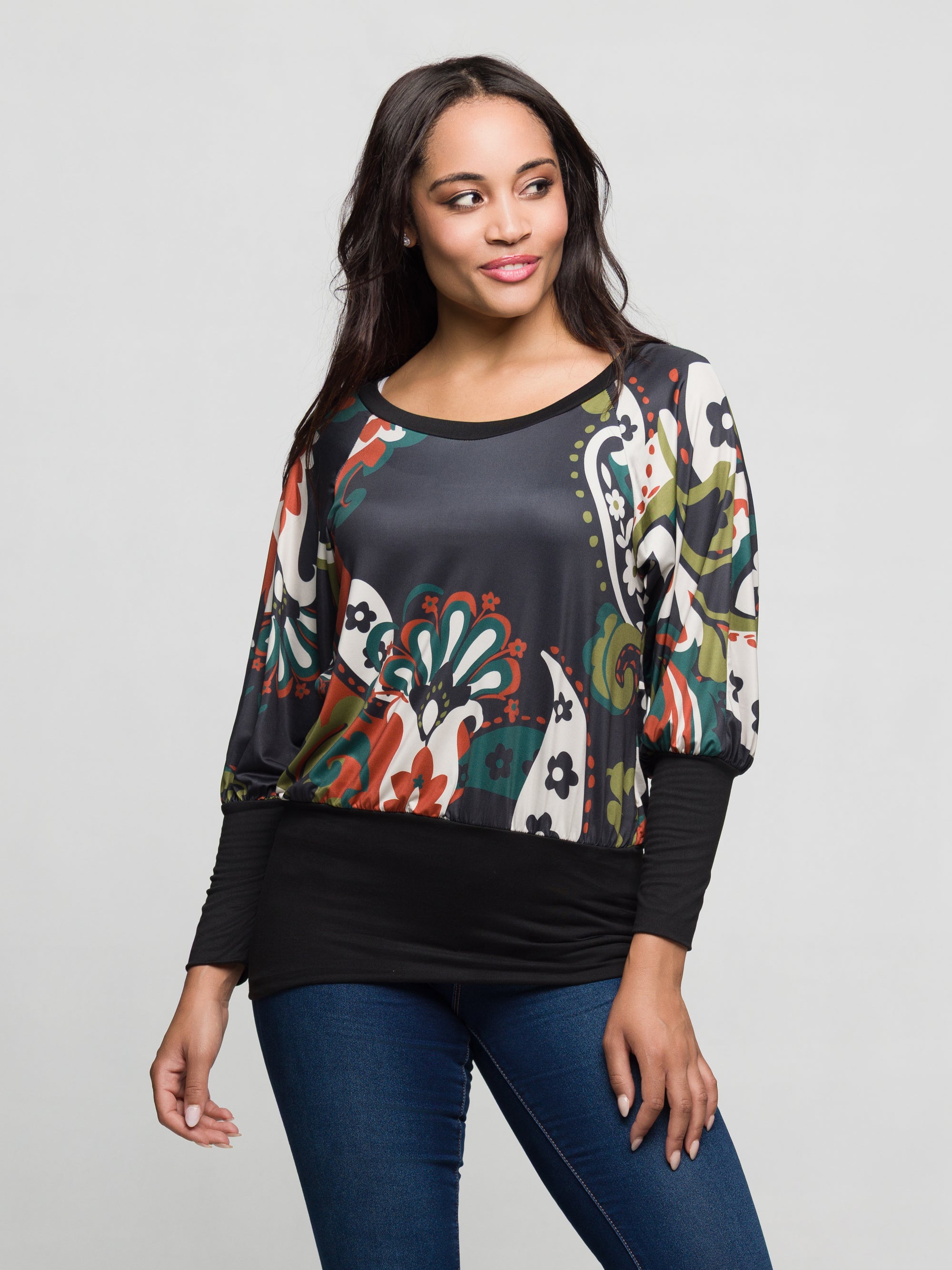 24seven Comfort Apparel Paisley Print Dolman Sleeve Banded Top