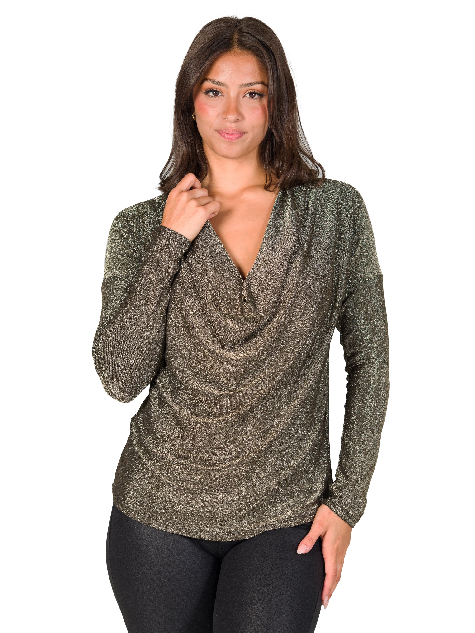 24seven Comfort Apparel Cowl Neck Long Sleeve Shimmery Fabric Top