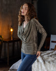 Cowl Neck Long Sleeve Shimmery Fabric Top