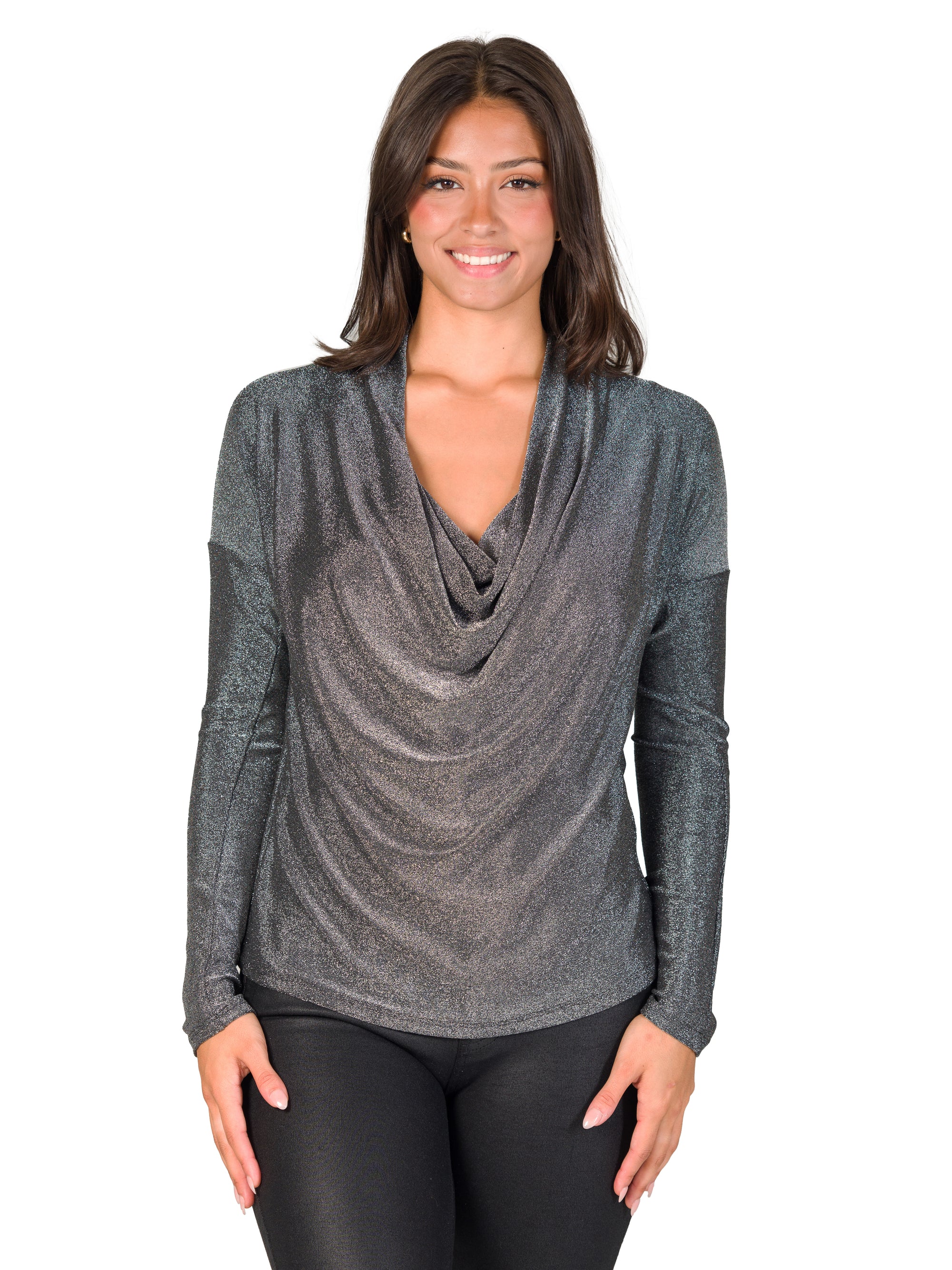 24seven Comfort Apparel Cowl Neck Long Sleeve Shimmery Fabric Top