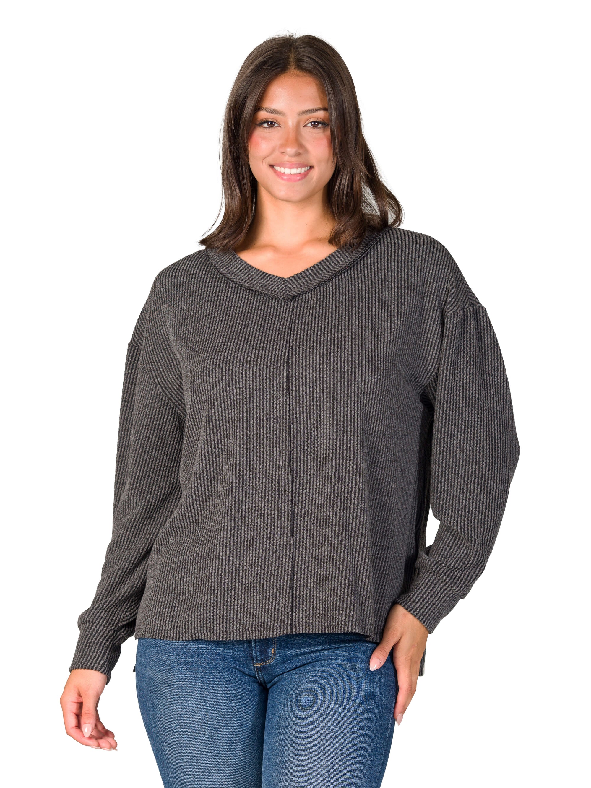 Relaxed Fit Ribbed Knit V Neck Sweater Top