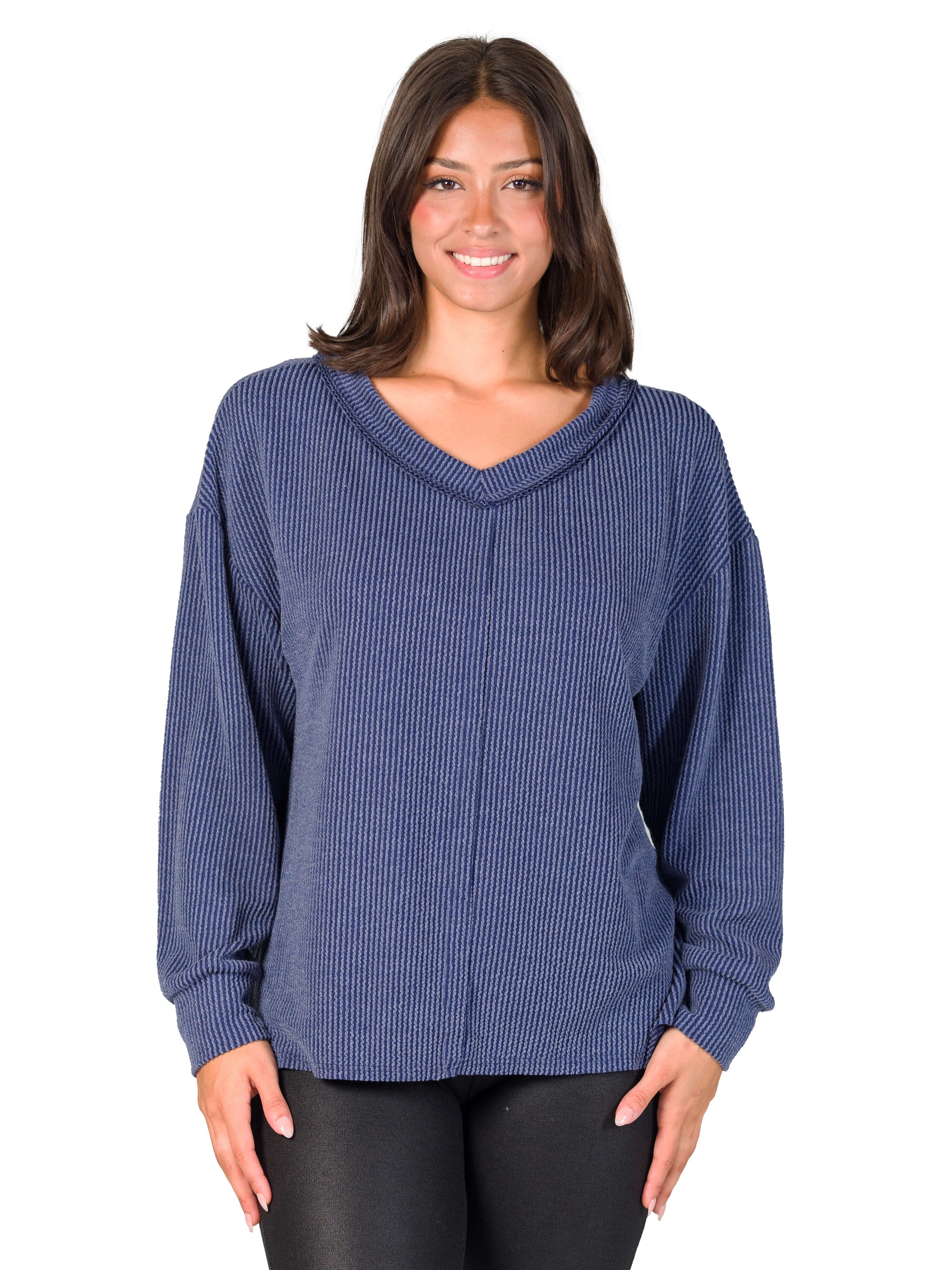 Relaxed Fit Ribbed Knit V Neck Sweater Top