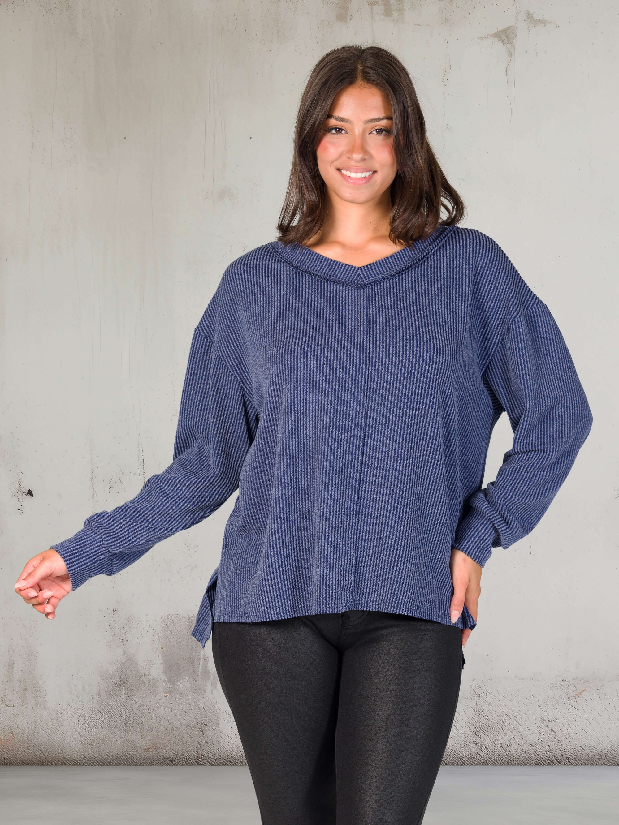 Relaxed Fit Ribbed Knit V Neck Sweater Top