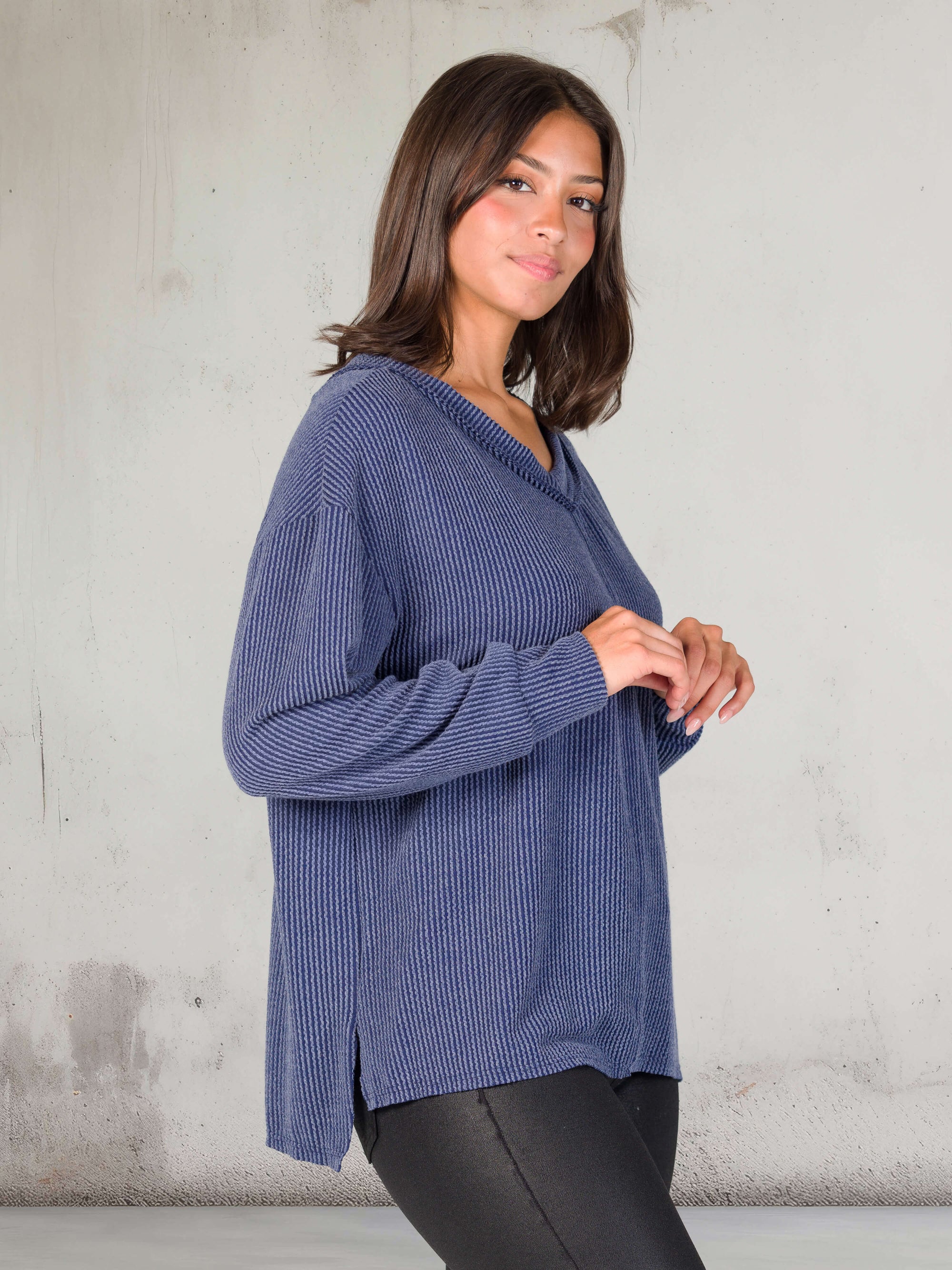 Relaxed Fit Ribbed Knit V Neck Sweater Top