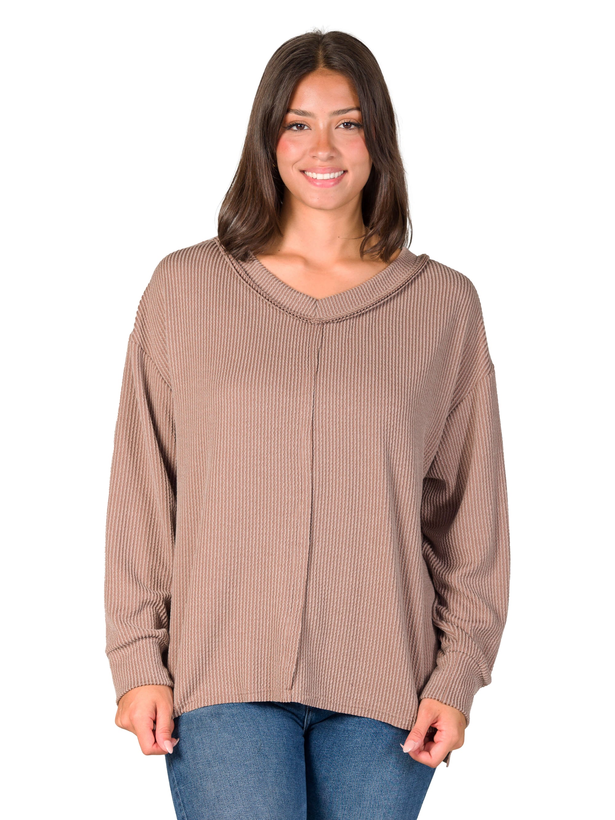 Relaxed Fit Ribbed Knit V Neck Sweater Top
