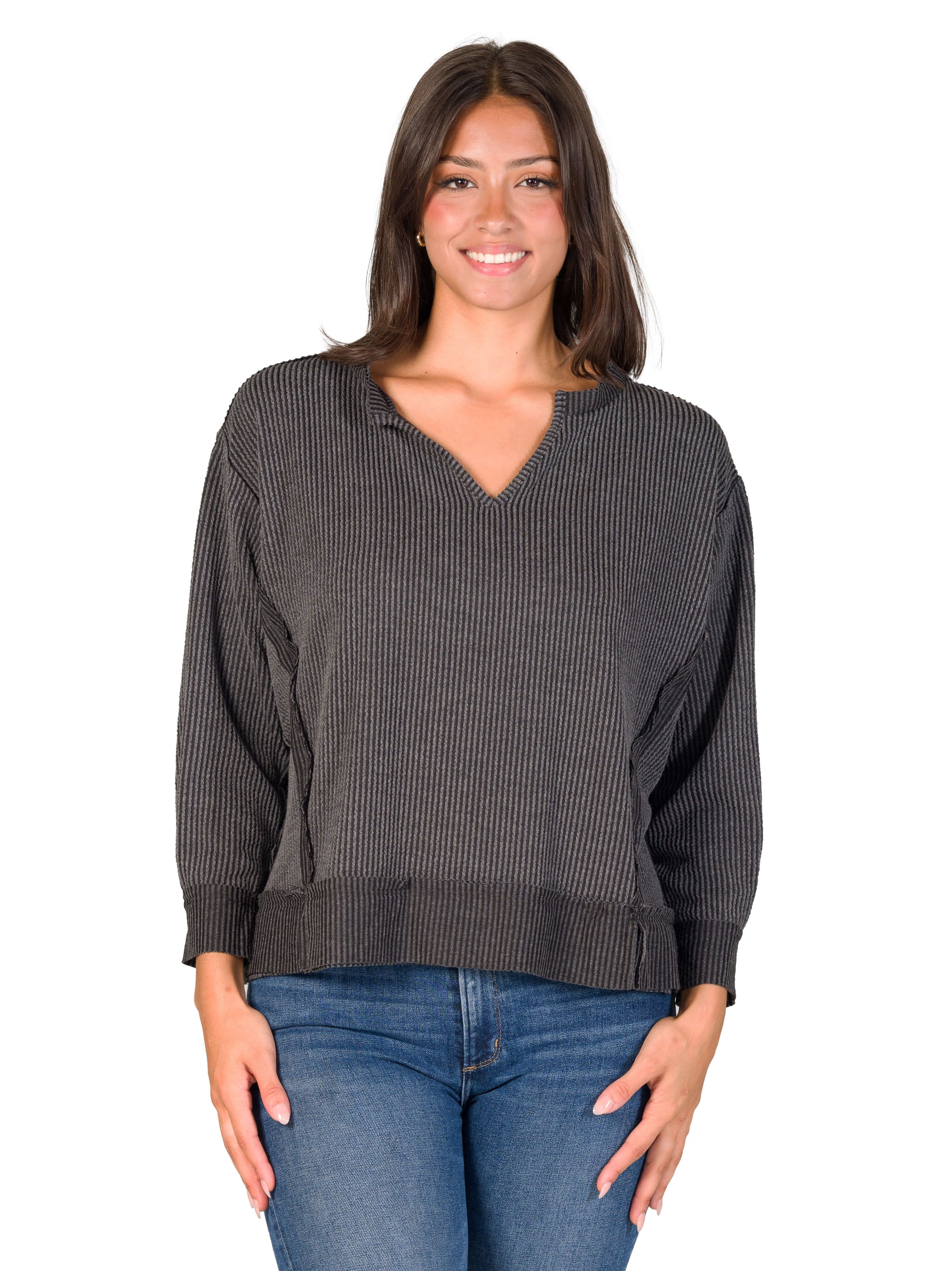 Relaxed Fit Ribbed Knit V Neck Sweatshirt Top