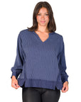 Relaxed Fit Ribbed Knit V Neck Sweatshirt Top