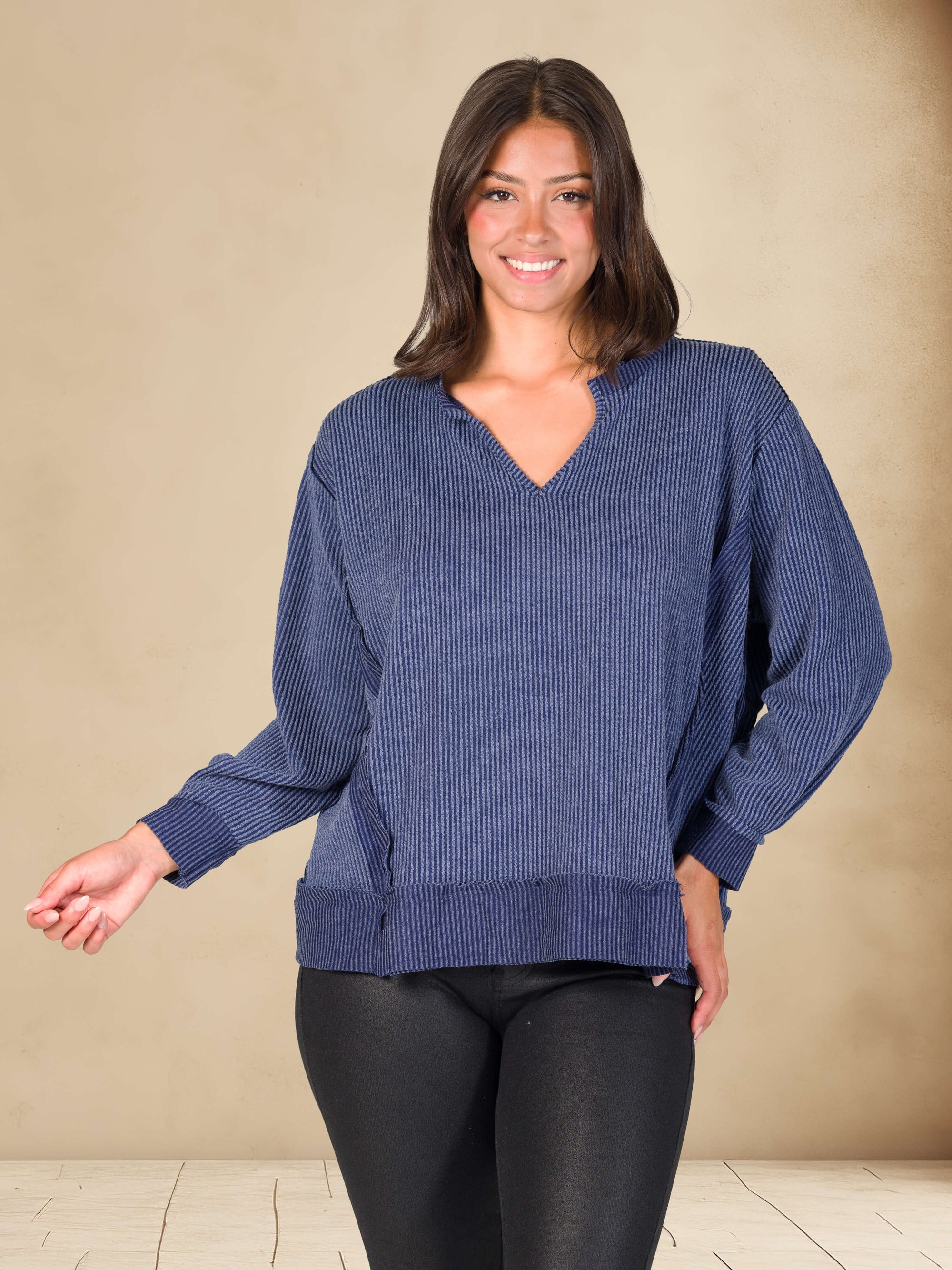 Relaxed Fit Ribbed Knit V Neck Sweatshirt Top