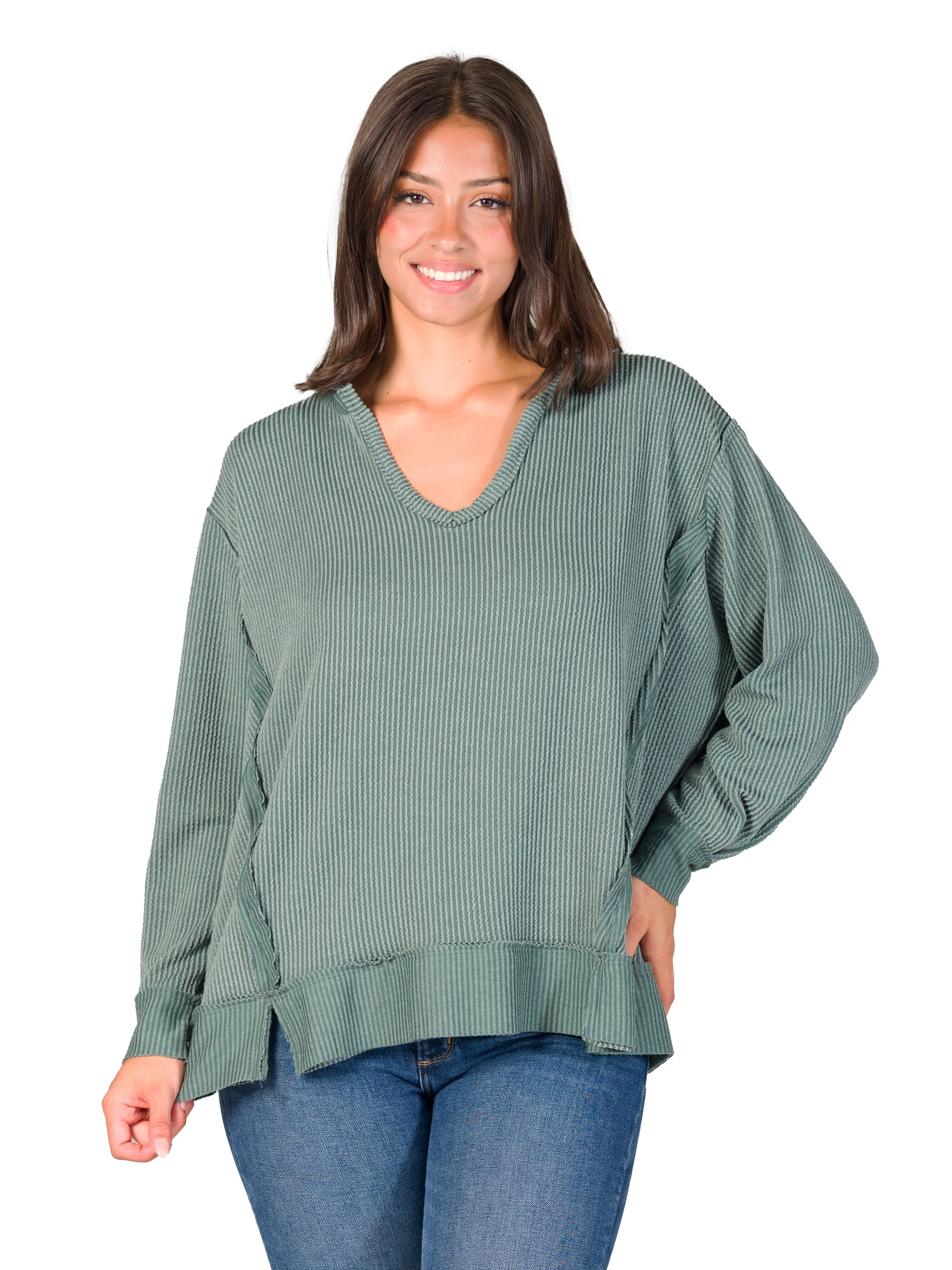 Relaxed Fit Ribbed Knit V Neck Sweatshirt Top