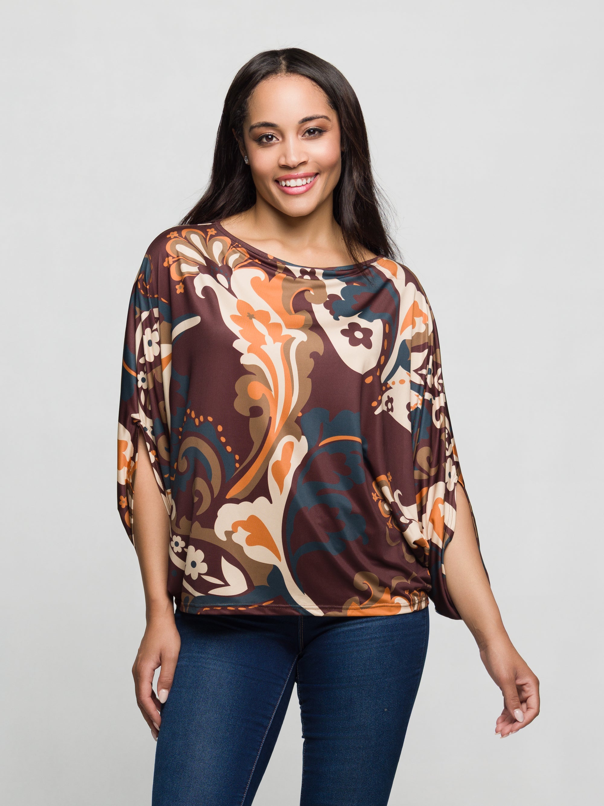 24seven Comfort Apparel Paisley Print Boat Neck Dolman Sleeve Top
