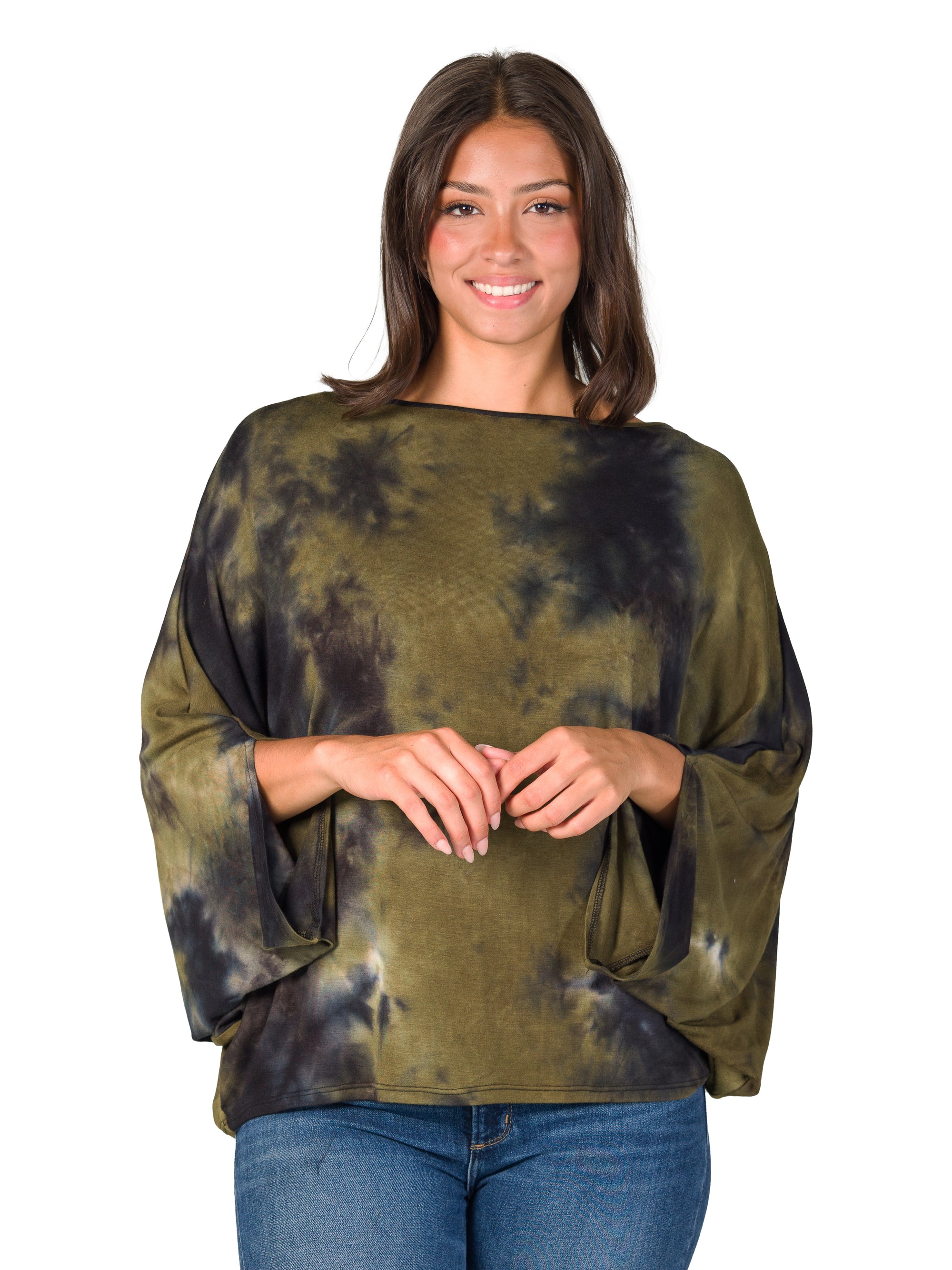 24seven Comfort Apparel Green Tie Dye Batwing Sleeve Relaxed Fit Top